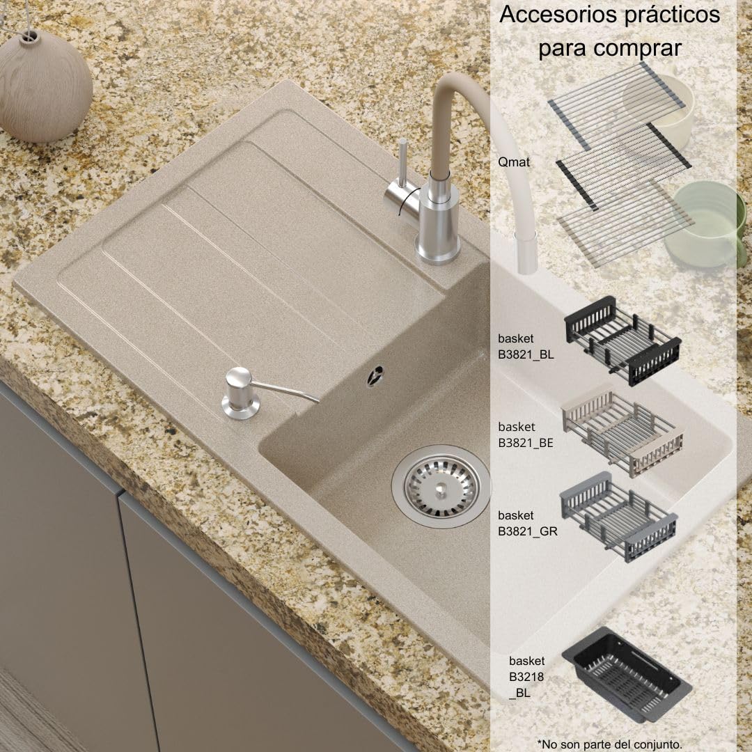 QUADRON Fregadero de granito READY-MAX de granito, 77 x 44 x 17,5 cm, gris, juego de fregadero, grifo de cocina, sifón y dispensador de jabón