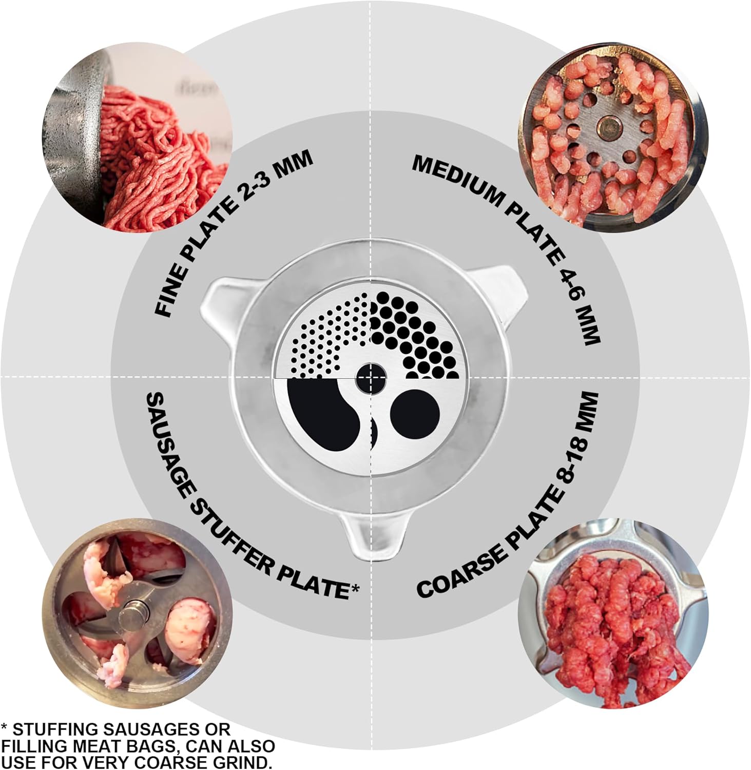 #12 Stainless Steel Grinder Plate Assortment comes with 4 stainless steel grinder plates and 2 stainless steel knives.