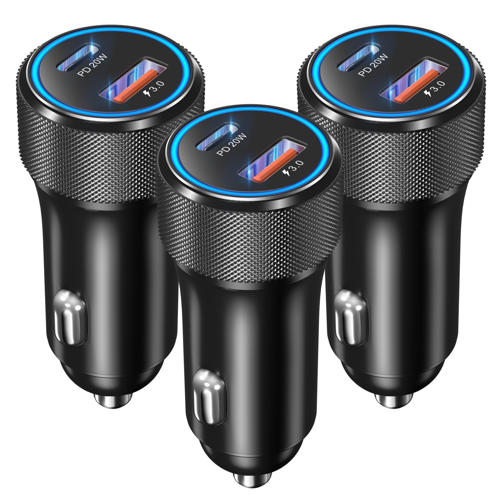 OKRAY Cargador de Coche 36W 2 Puertos USB Carga Rápida Adaptador de Cargador de Coche PD+QC3.0 Doble USB C Adaptador de Alimentación de Aleación con LED (Negro)