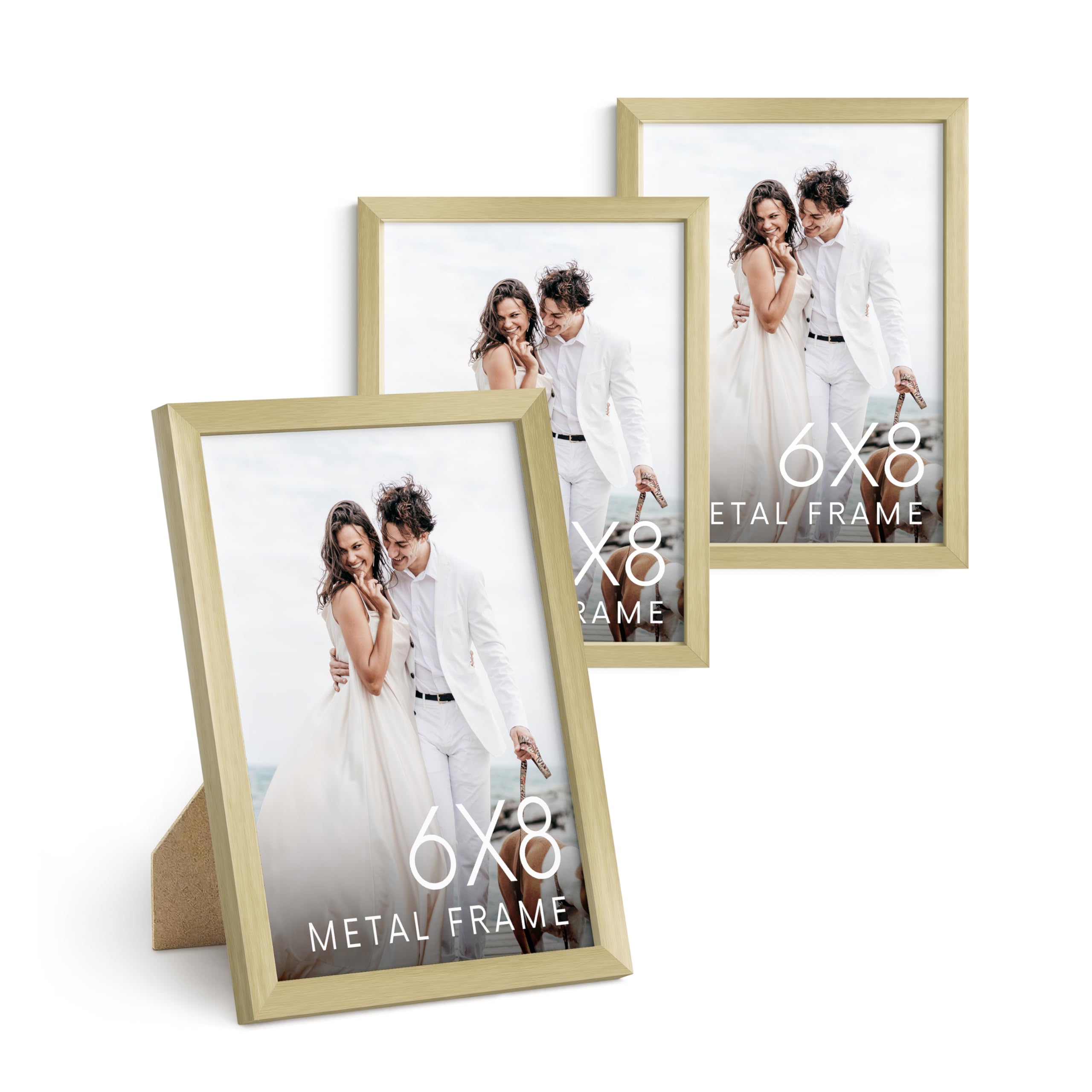 HAUS AND HUES 6x8 Gold Picture Frames - Modern Aluminum Wall Art Display - Lightweight 6x8 Frames for Photos, Prints, Posters - Tabletop or Wall Mount (Set of 3)