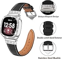 Vista 14 de Correa de reloj de cuero compatible con Fitbit Sense 2/Fitbit Versa 4 correas para mujer, correa de cuero elegante con hebilla de metal de diamantes