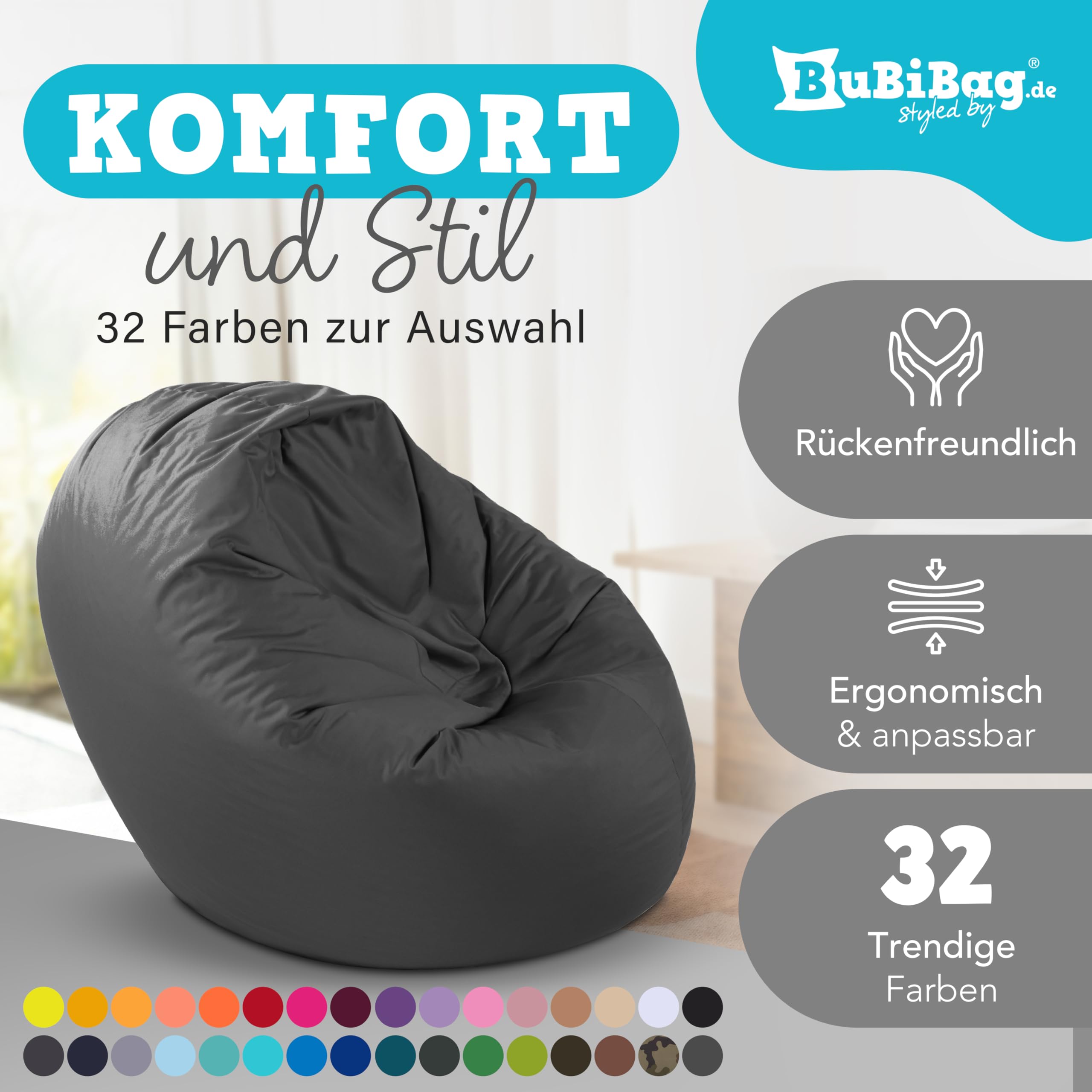 BuBiBag 2in1 Sitzsack L - XXL mit Füllung für Kinder & Erwachsene, Gaming Beanbag & Bodenkissen für Indoor & Outdoor Sessel Pflegeleicht & Wasserabweisend XL UNIVERSELL (Ø 130 cm Anthrazit)