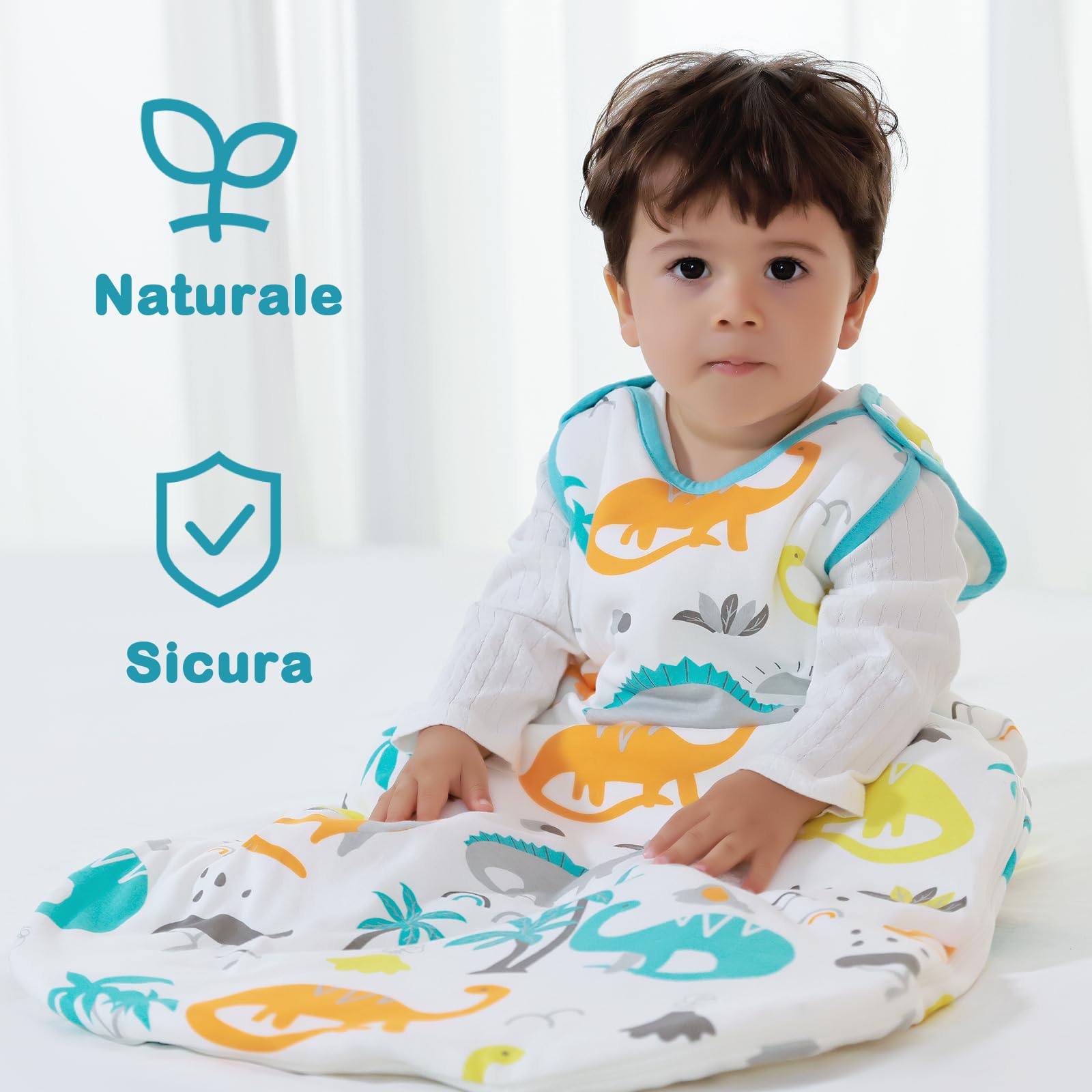 Mosebears Mosbears Sacco nanna invernale per bambini, 2,5 Tog, 100% cotone, diverse dimensioni dalla nascita fino a 24 mesi, adatto per tutto l'anno(Dinosauro,S(0 a 6 mesi))