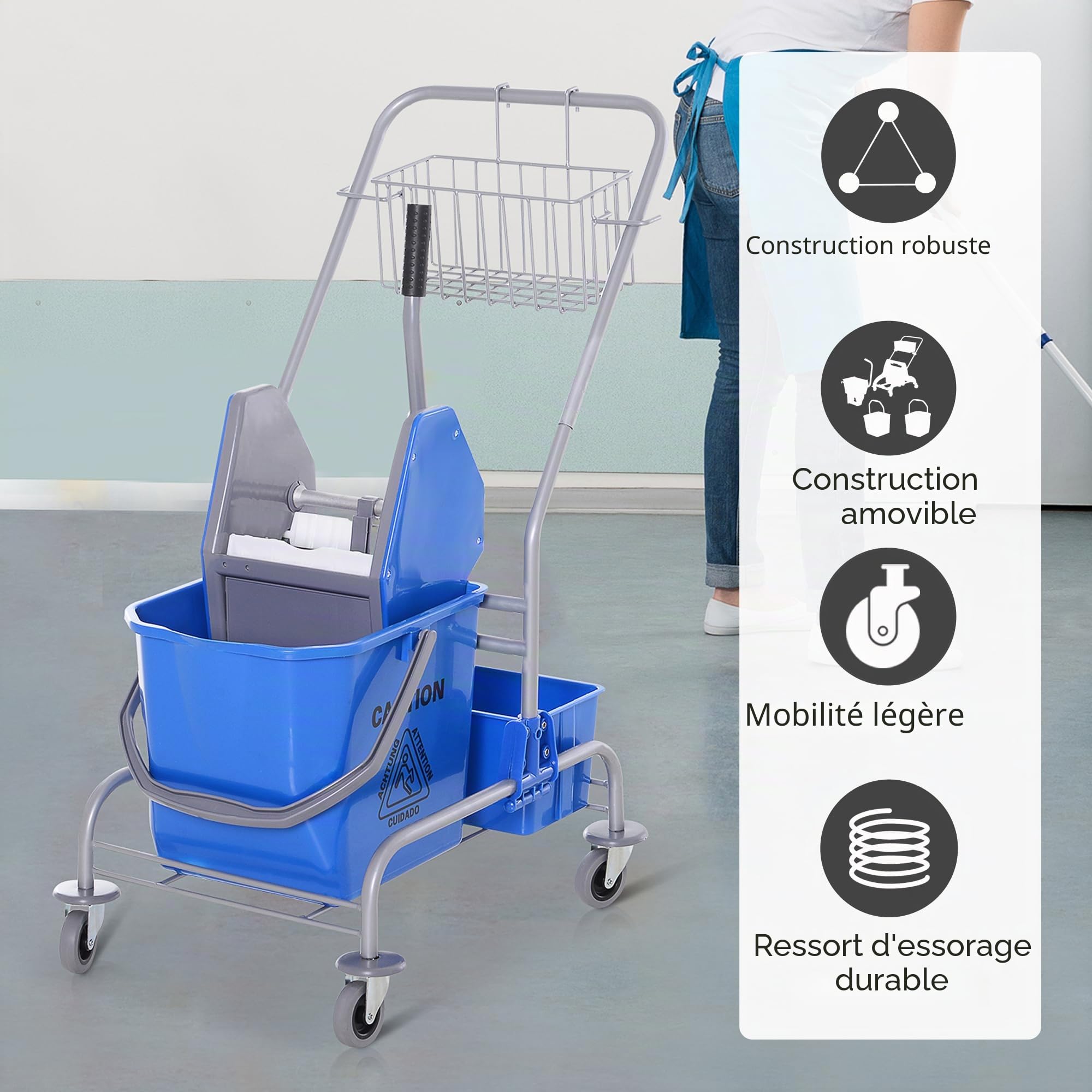 HOMCOM Chariot de Nettoyage Seau Roulant 25 L Essoreuse Crochet Serrière 4 Roulettes Bleu