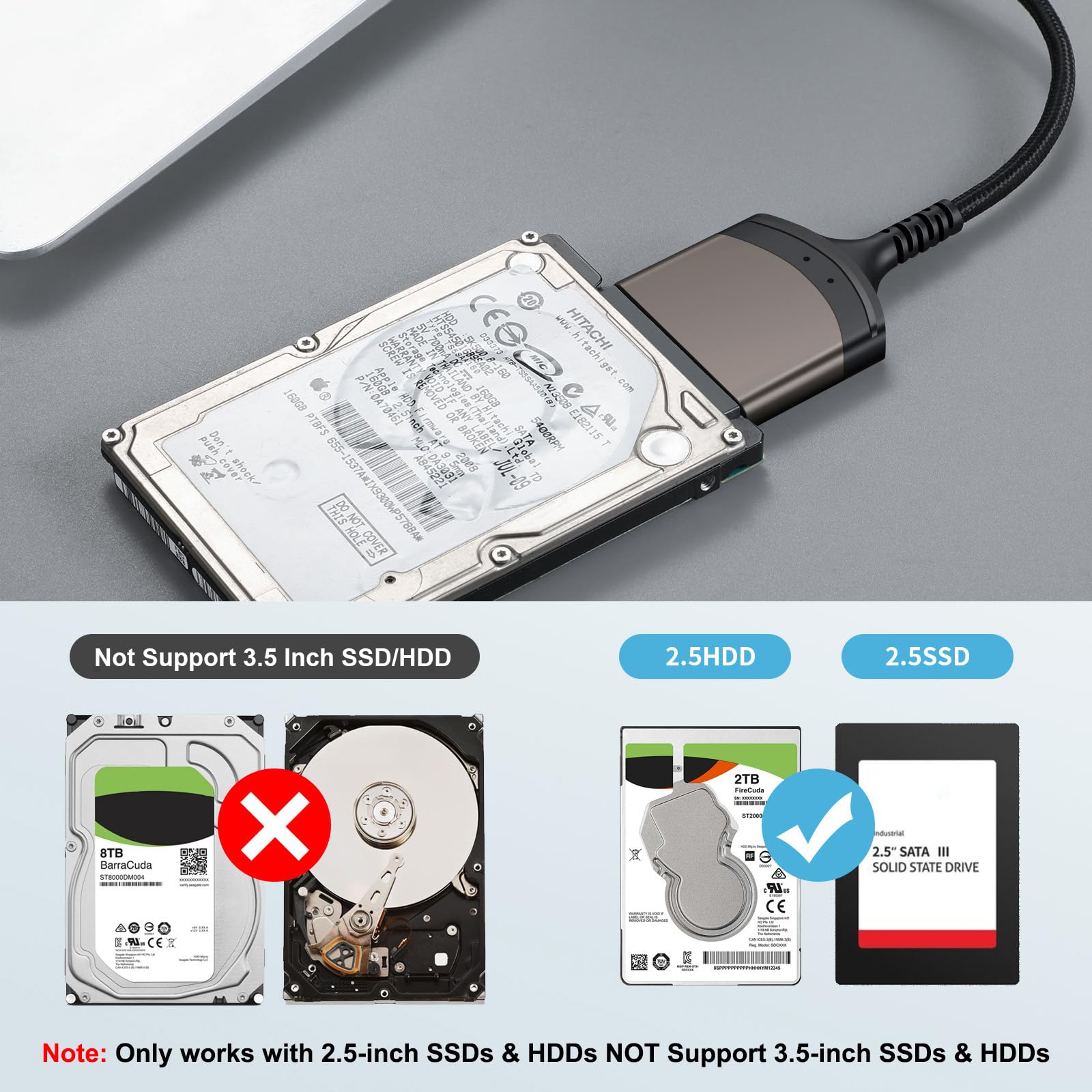 Cable adaptador SATA a USB, adaptador de disco duro USB 3.0 a SATA III para transferencia de datos SSD/HDD de 2.5 pulgadas, compatible con UASP - 9 pulgadas, carcasa de aluminio y cable de 2