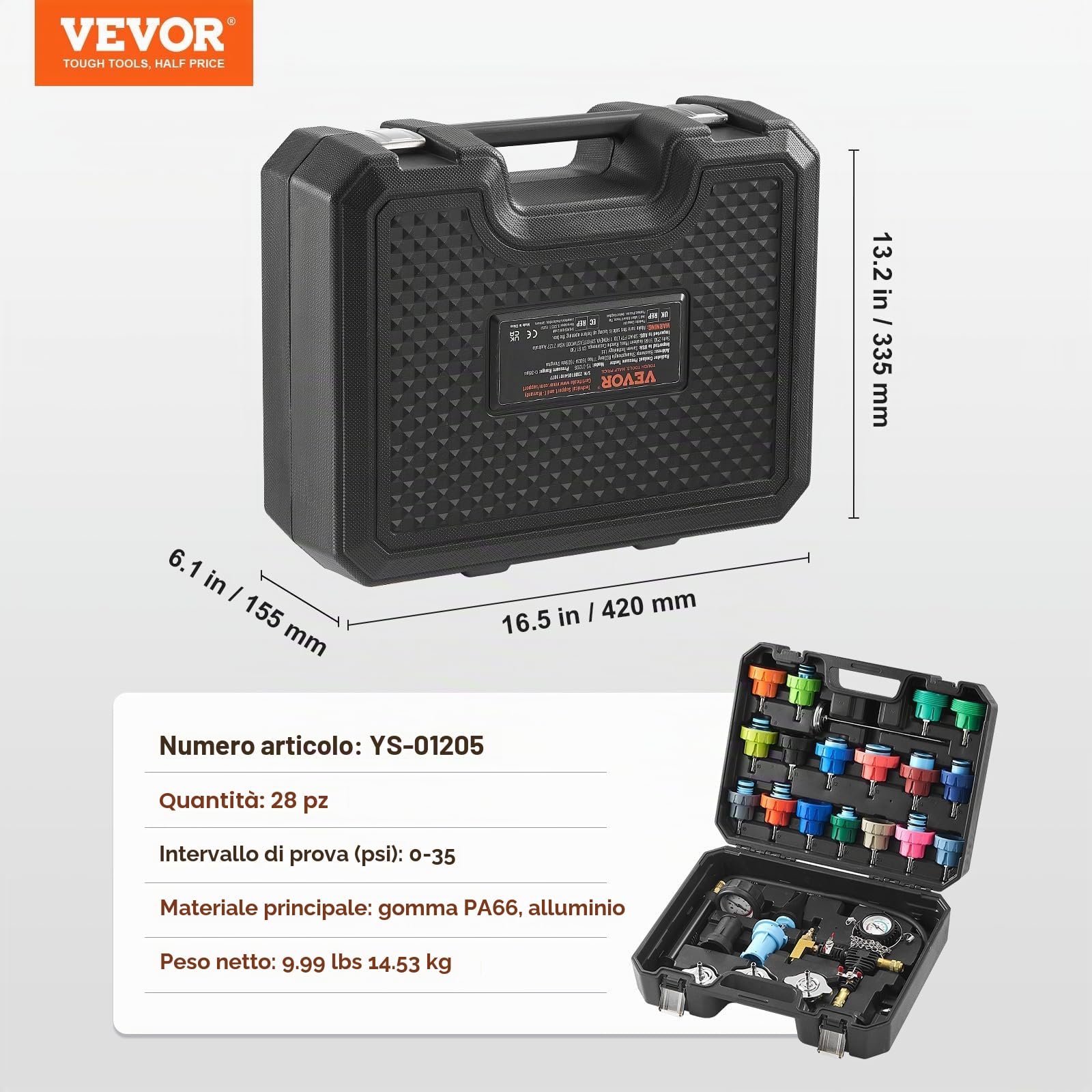 VEVOR Kit Tester Universale per Pressione del Sistema di Raffreddamento Sostituzione del Radiatore, Kit Adattatori per Pompa a Mano Kit Tester per Pressione con Valigetta Portatile Auto Moto Camion