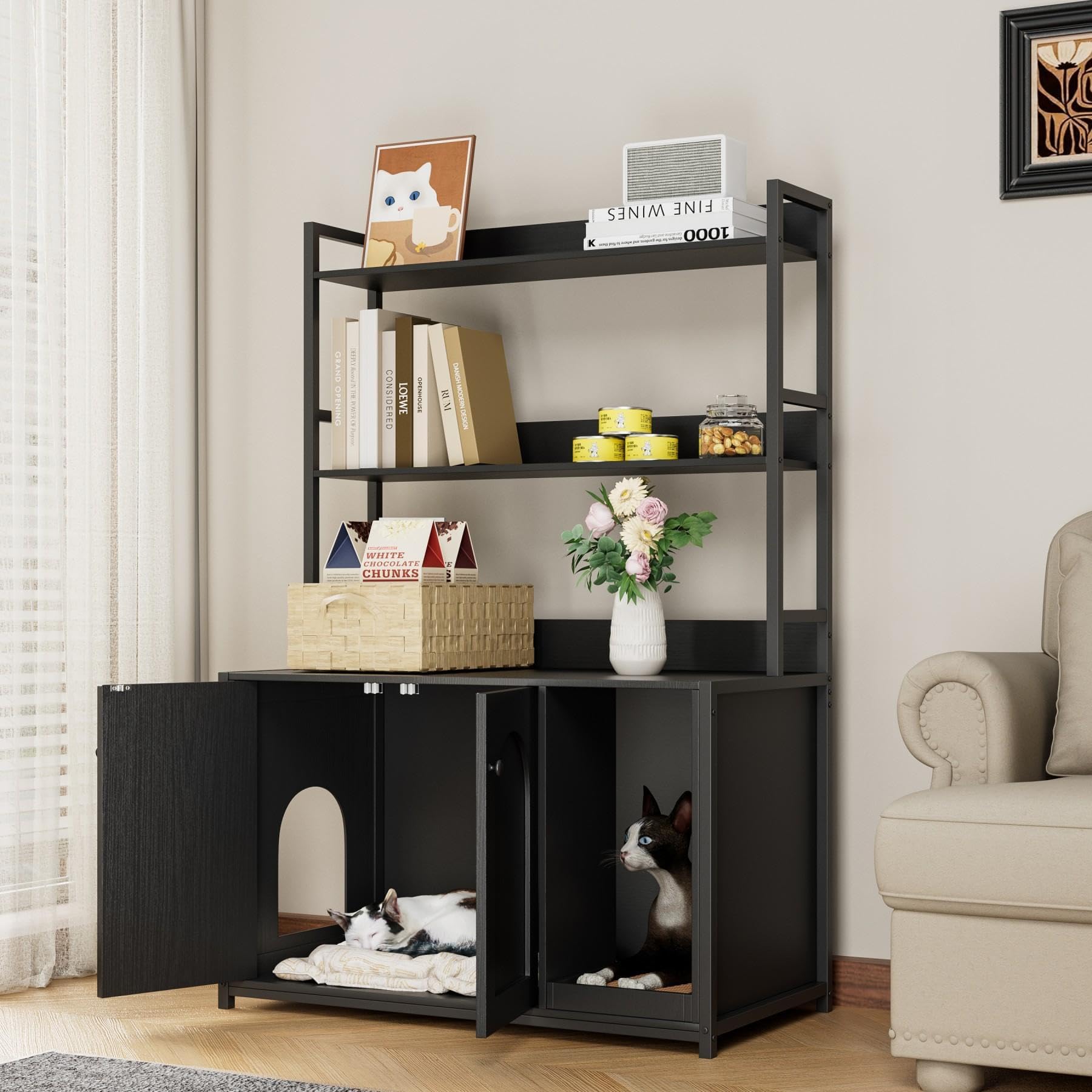 Meuble Litiere Chat avec Trou d’Entrée Latéral& Ouvert Compartiment Rangement,Armoire à litière avec Plan de Travail et 2 étagères.Maison pour Chat pour Salon,Chambre,Bain(132x45x90cm,Noir)