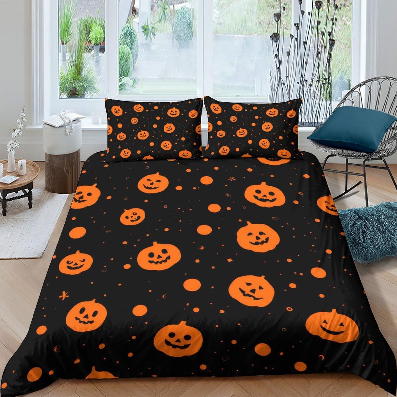 GPLZQXKJNH 3D Printed Pumpkin Halloween Duvet Cover Microfiber Orange Black Bedding Set with 2 Pillowcases for Bedroom Decor Single（135x200cm）