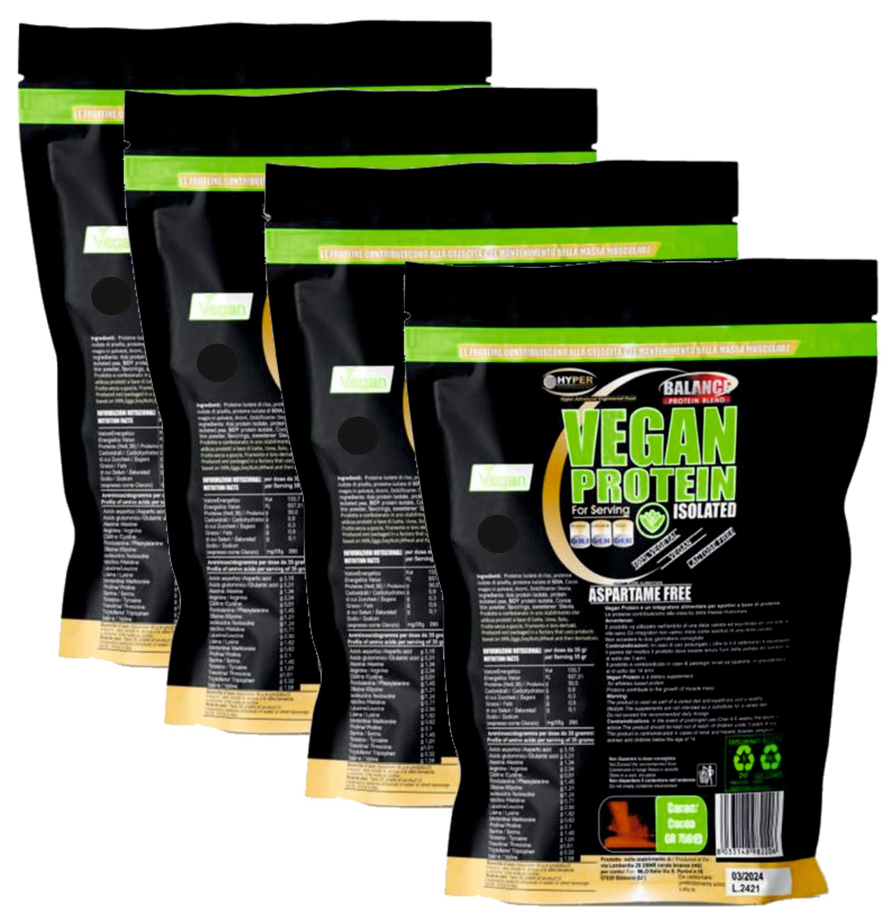 Hyper Vegan Protein 3kg Cacao - Proteine in Polvere Senza Edulcoranti - Proteine in Polvere Isolate senza Glutine - Proteine in Polvere Vegane per Aumento Massa Muscolare, Favoriscono il Recupero