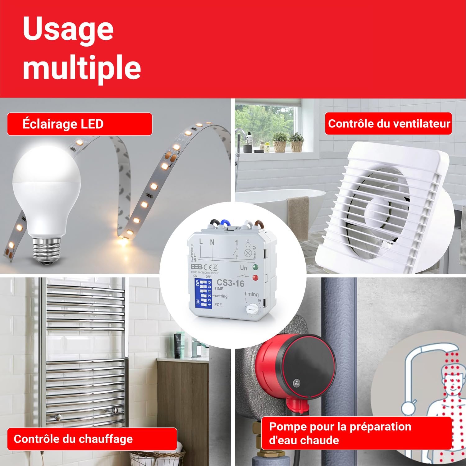 ELEKTROBOCK CS3-16 Interrupteur temporisé| Relais temporisé 230 V 16 A | Relais Multifonctionnel avec 8 Fonctions | Commande de Ventilateurs et de Pompes de Circulation