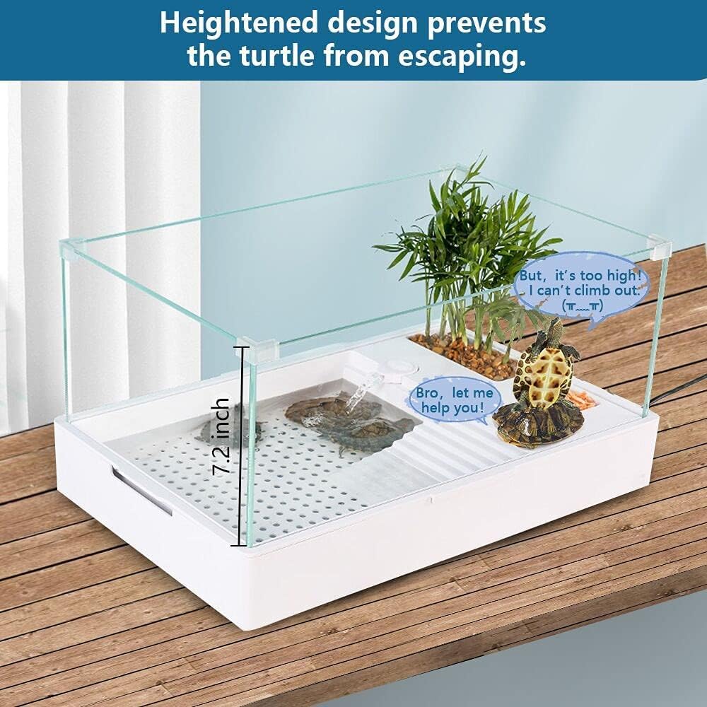 AMOSIJOY Turtle Tank Reptile Terrariums Tortoise Habitat with Pump＆Filter Aquarium Tank for Turtle Horned Frog Hermit Crab Full View Visually Easy Assembly ,Clean and Changing Water (L-25*14*9.8in)