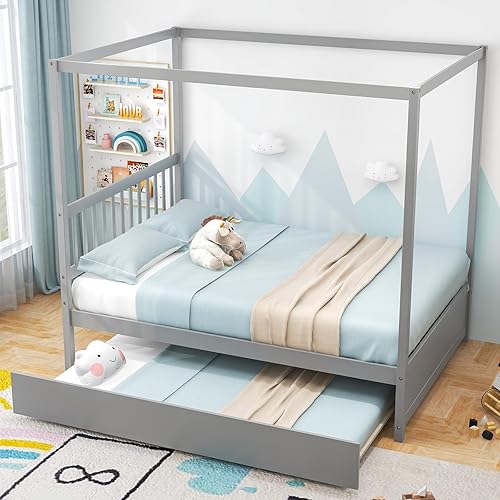 Miniatura 24 de KOMFOTT Cama individual con nido, marco de cama de plataforma de madera maciza, cama para niños con techo para niñas y niños, no necesita somier,