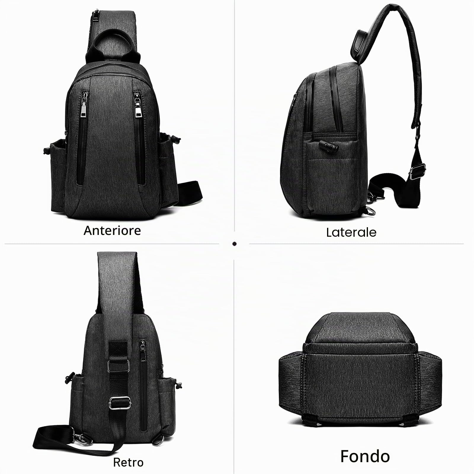 FANDARE Retrò Zaino Monospalla Marsupio Borse piccole a tracolla Sling Bag Business Borsa a Spalla per Uomo Donna Scuola Outdoor Ciclismo Viaggio Hiking Daypacks Impermeabile Nylon Nero
