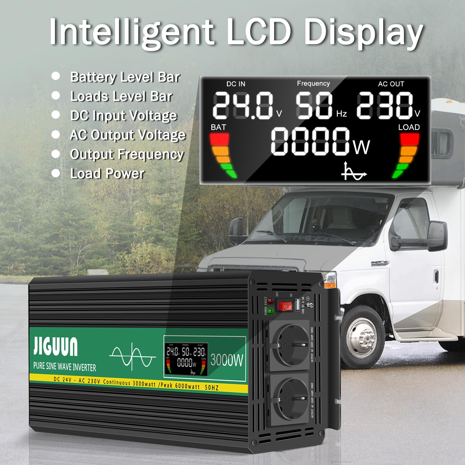 JIGUUN 3000W inverter 24V 220V onda pura Trasformatore con 2 prese EU e una porta USB 2.1A - Telecomando senza fili e display LCD Potenza di picco 6000W per camion camper emergenza