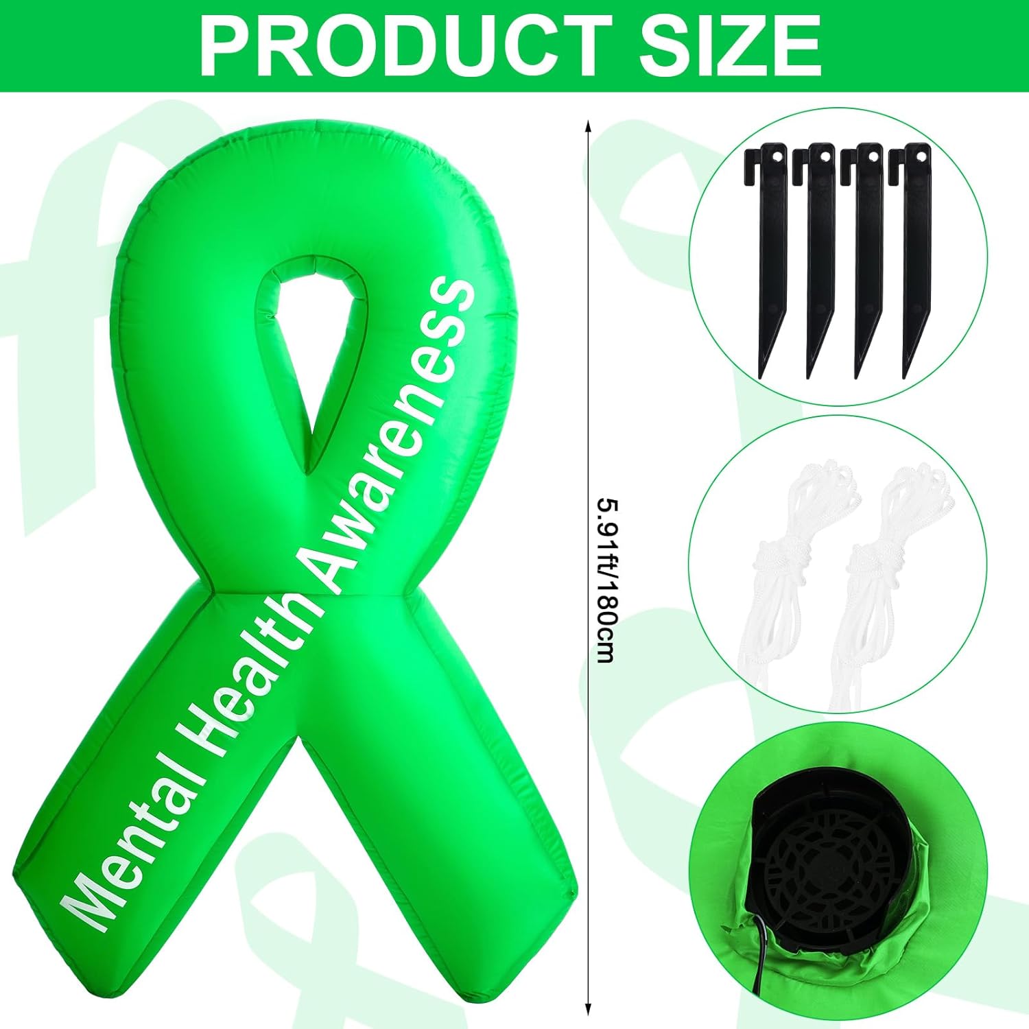 Soaoo 6ft Mental Health Awareness Inflatable Outdoor Decoration Giant Blow up Mental Health Month Decorations Motivational Green Ribbon Built-in LED Lights Blower Yard Sign for Yard Lawn Party Supply