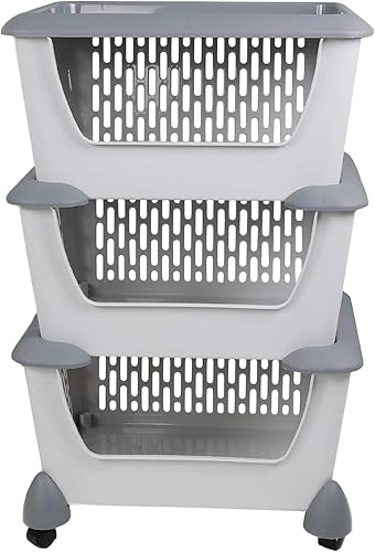 Cesta organizadora apilable de plástico gris con ruedas, cesta de almacenamiento apilable multifunción de 3 niveles