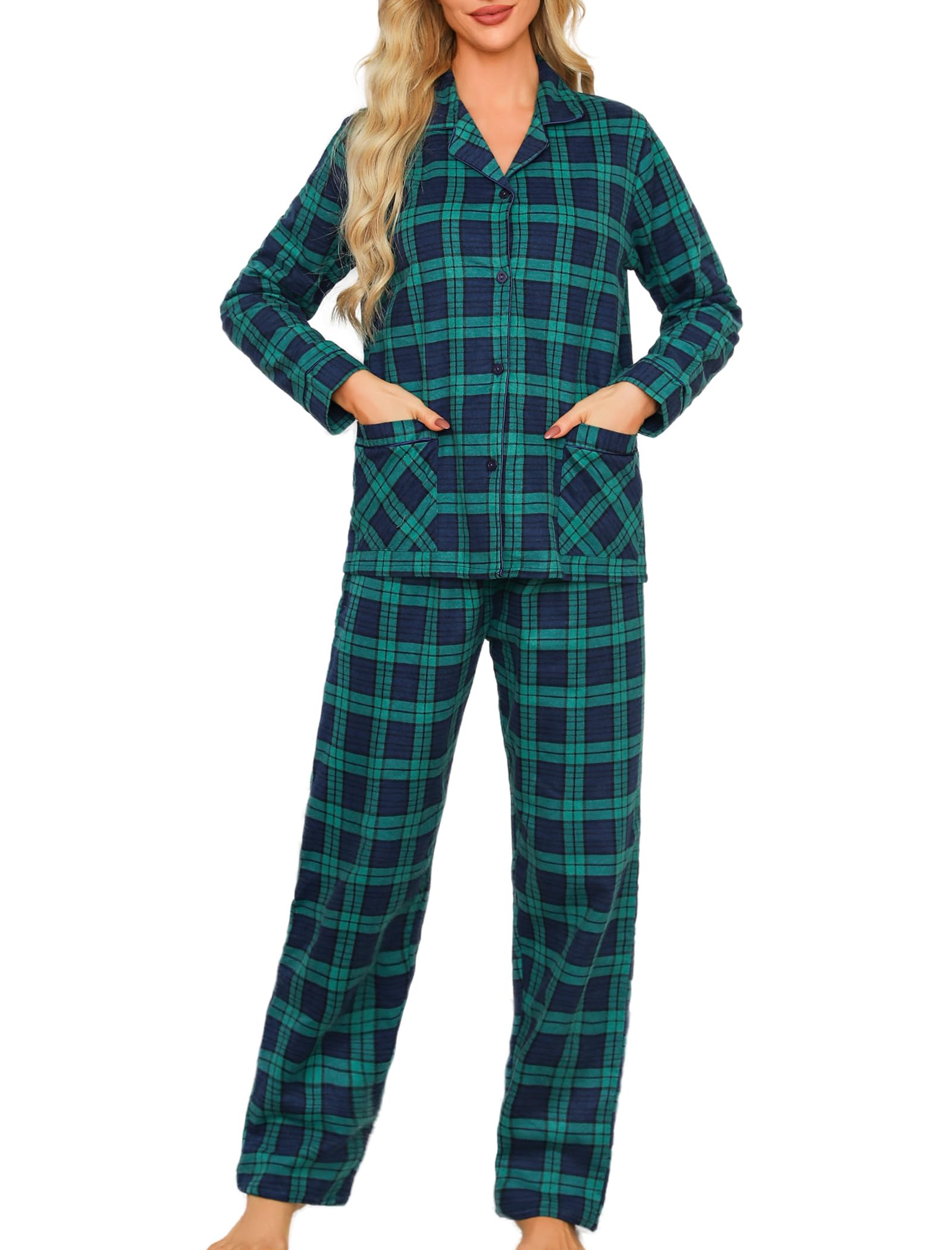 MIA LUCCE Pyjama dames lange pyjama set met knoopsluiting flanellen pyjama dames PJ zacht bovendeel en pyjamabroek tweedelig huispak dames XS-XL, S