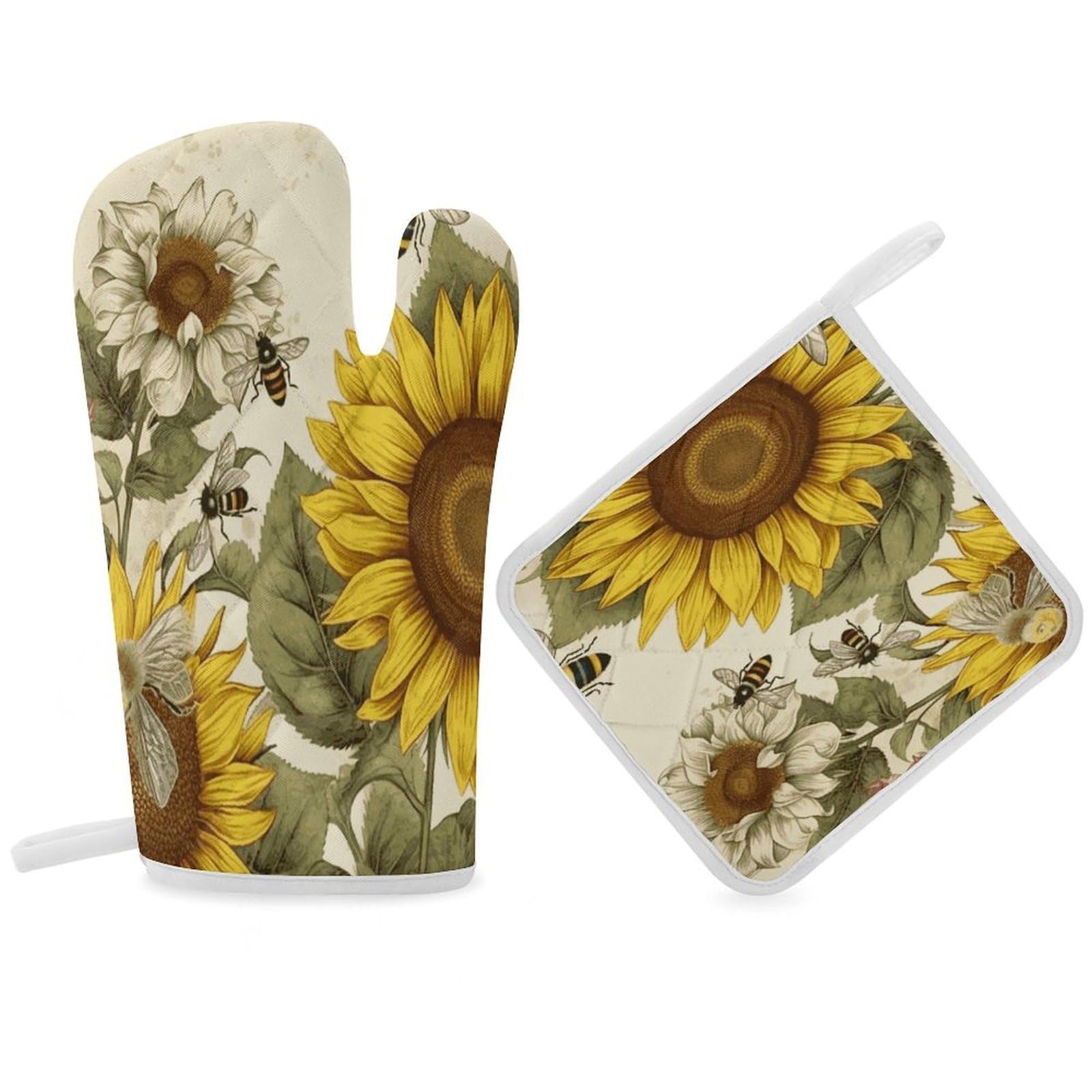 Bees Sunflowers Daisy Rose Flowers Oven Mitt Thick Substantial Heat Insulation Gloves Soft Skin-Friendly Temperature Resistant Oven Mitts for Cooking Lover Cooks