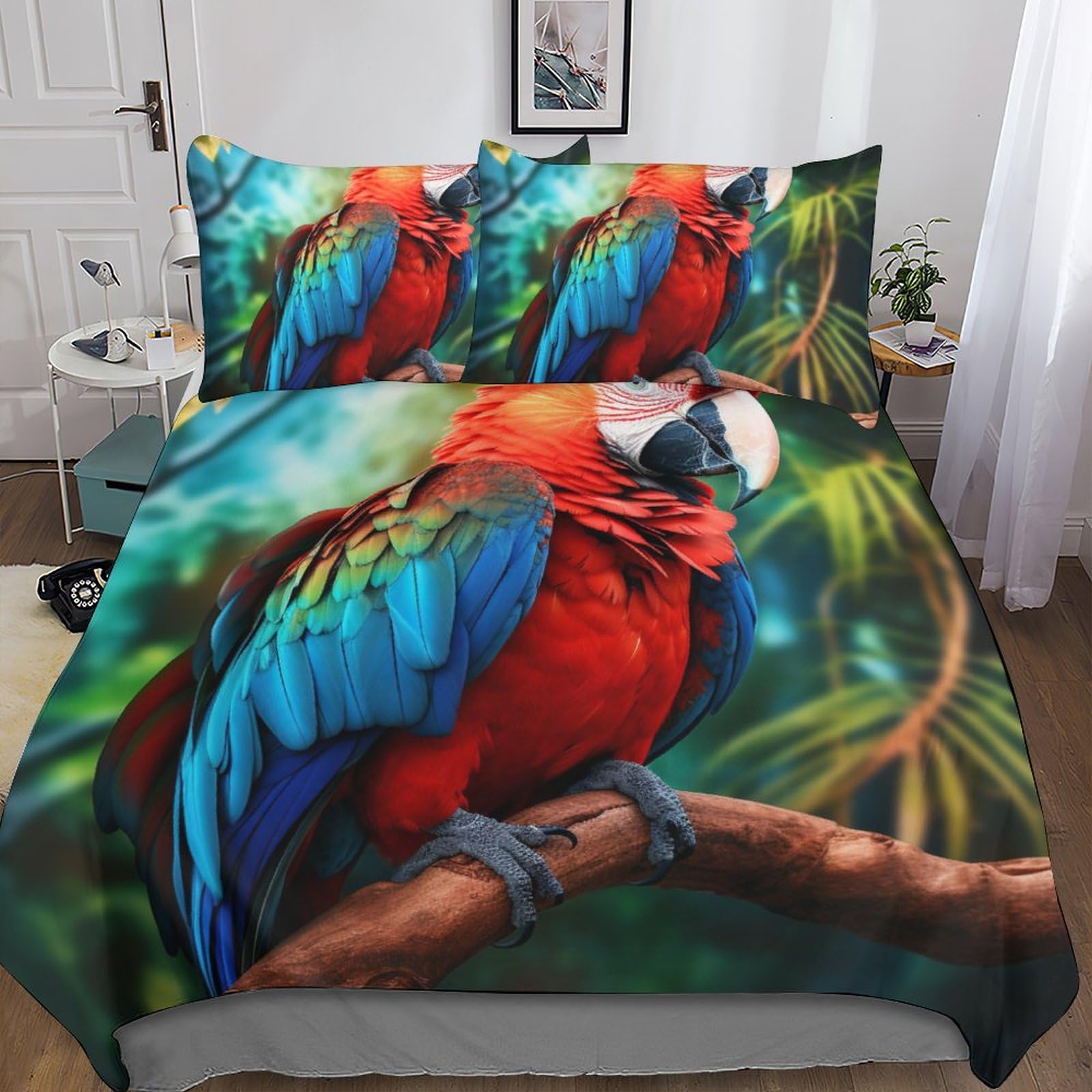 Parure de lit 3D perroquet avec housse de couette en microfibre et taies