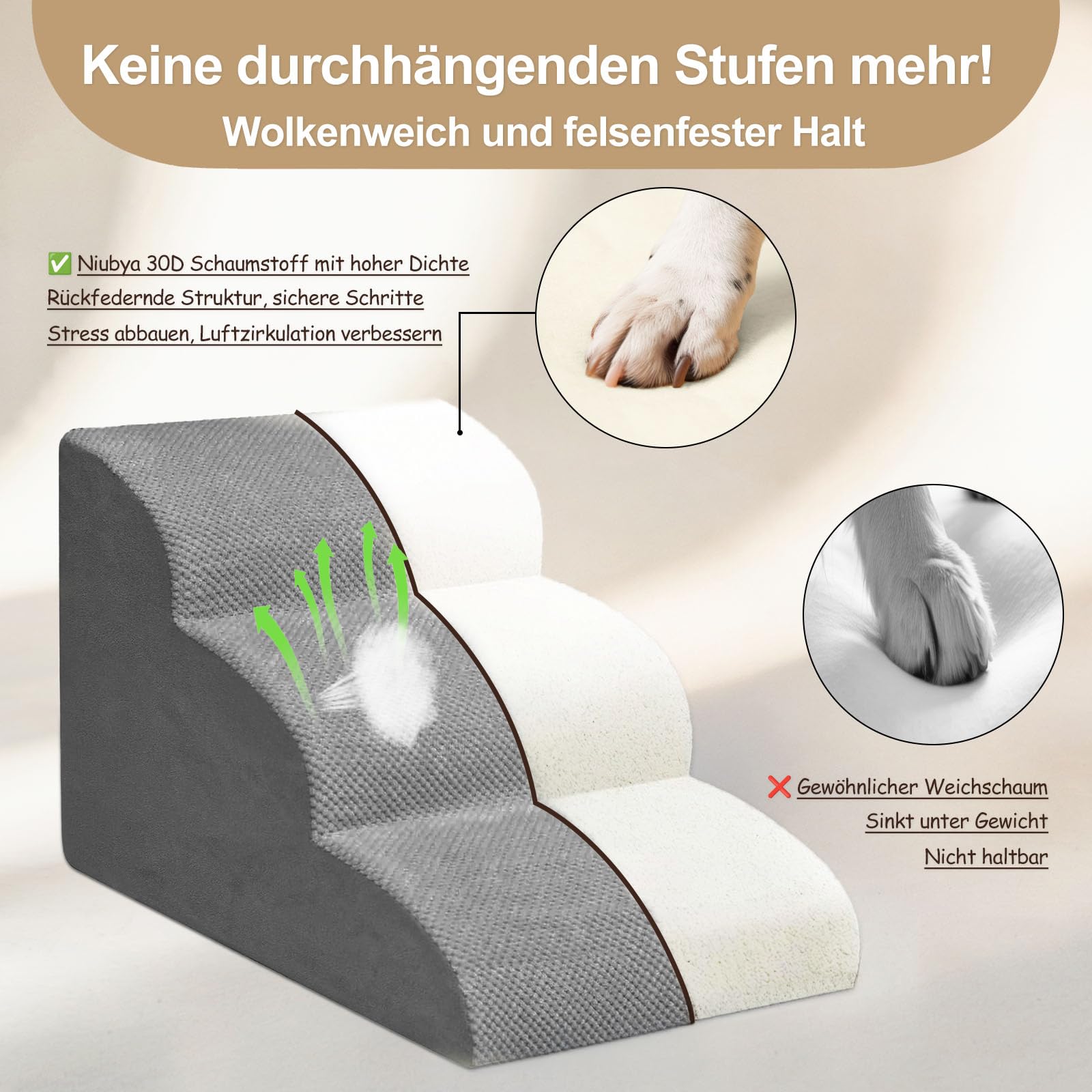 Niubya Hundetreppe für Kleine Hunde, H30 cm, für Katzentreppe Hundetreppe Bett und Sofa, ältere und verletzte Haustiere, mit waschbarem Bezug und hochdichtem Schaumstoff (Grau, 2 Stufen)