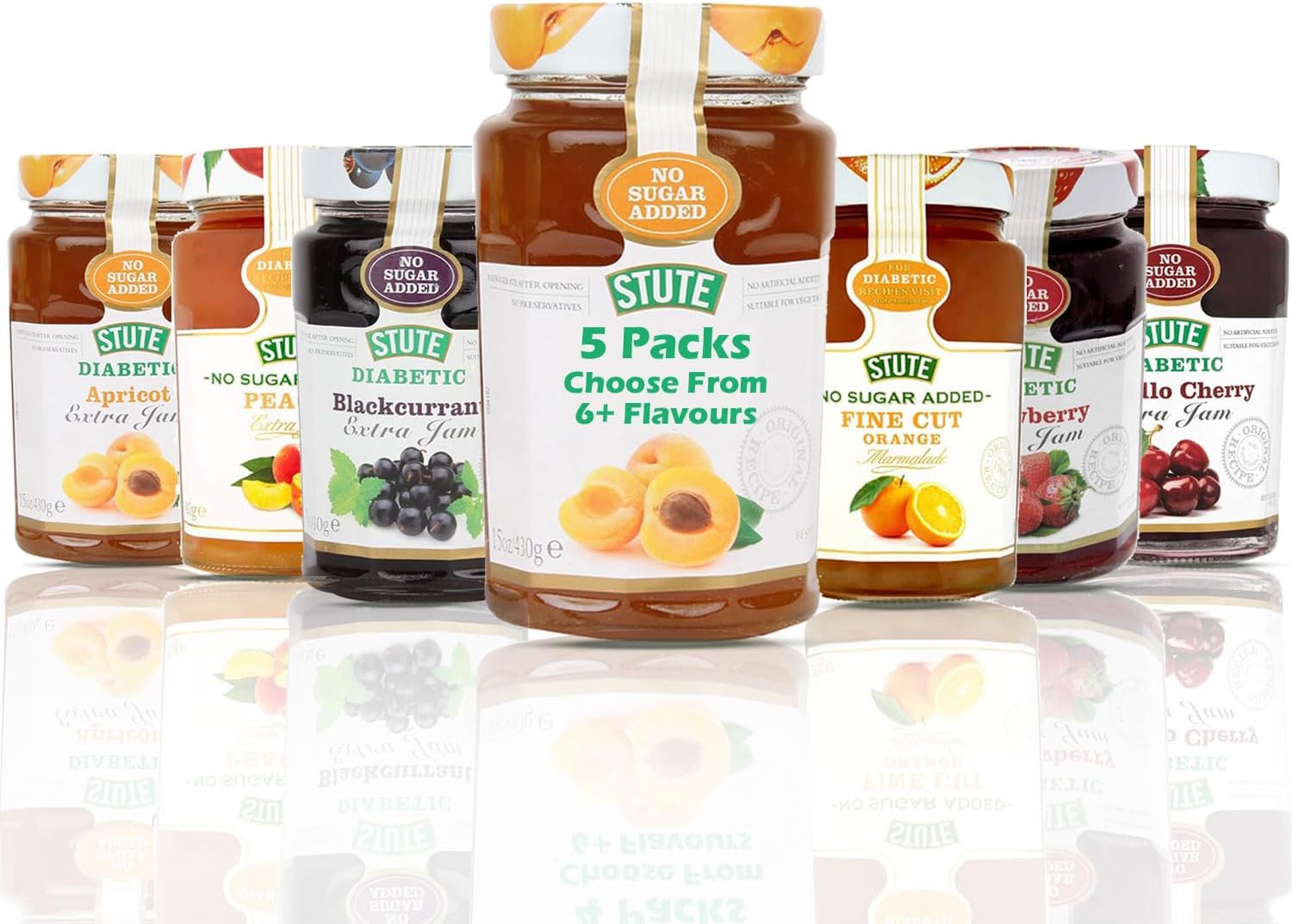 5 Pack (430g Each) Stute Jam Selection - Handpick Your Favourite Flavours | Apricot, Blackcurrant, Morello Cherry, Diabetic-Friendly Jams for Healthier Treat