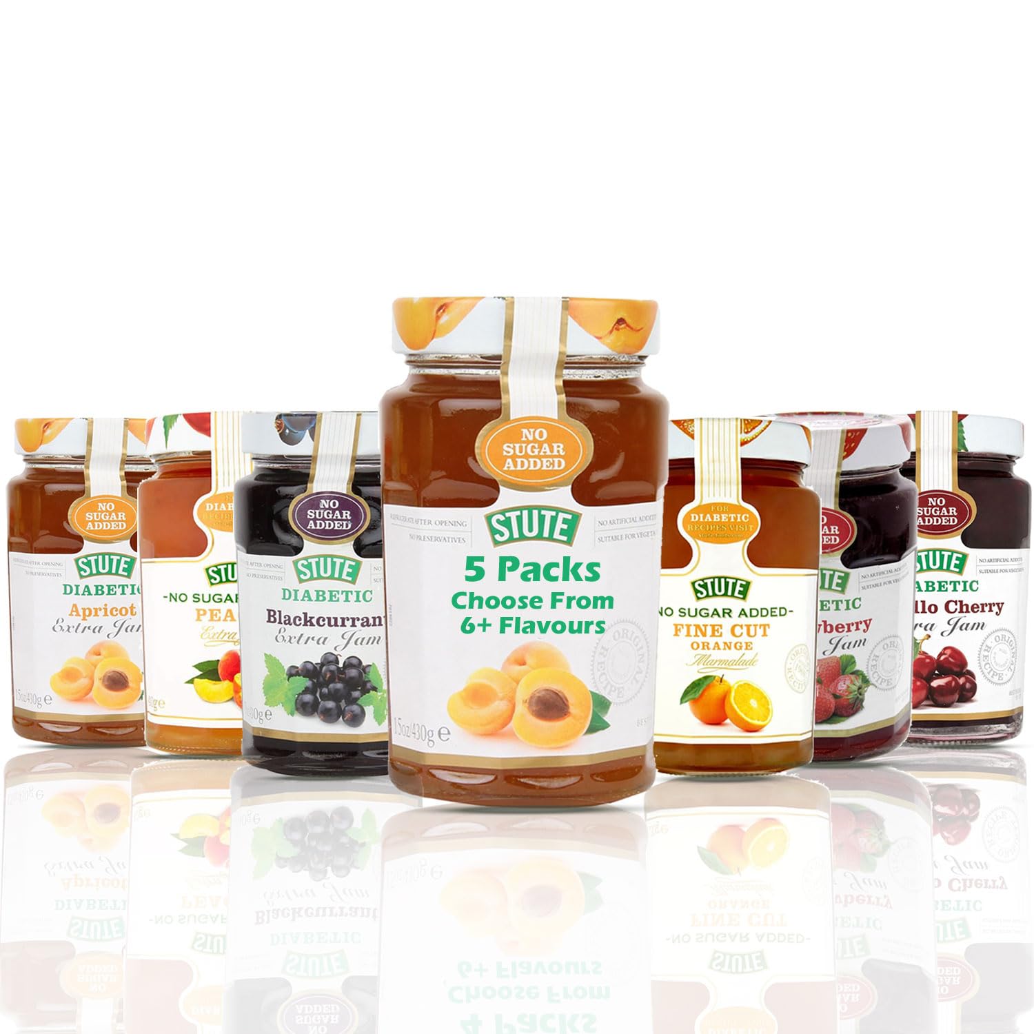 5 Pack (430g Each) Stute Jam Selection - Handpick Your Favourite Flavours | Apricot, Blackcurrant, Morello Cherry, Diabetic-Friendly Jams for Healthier Treat