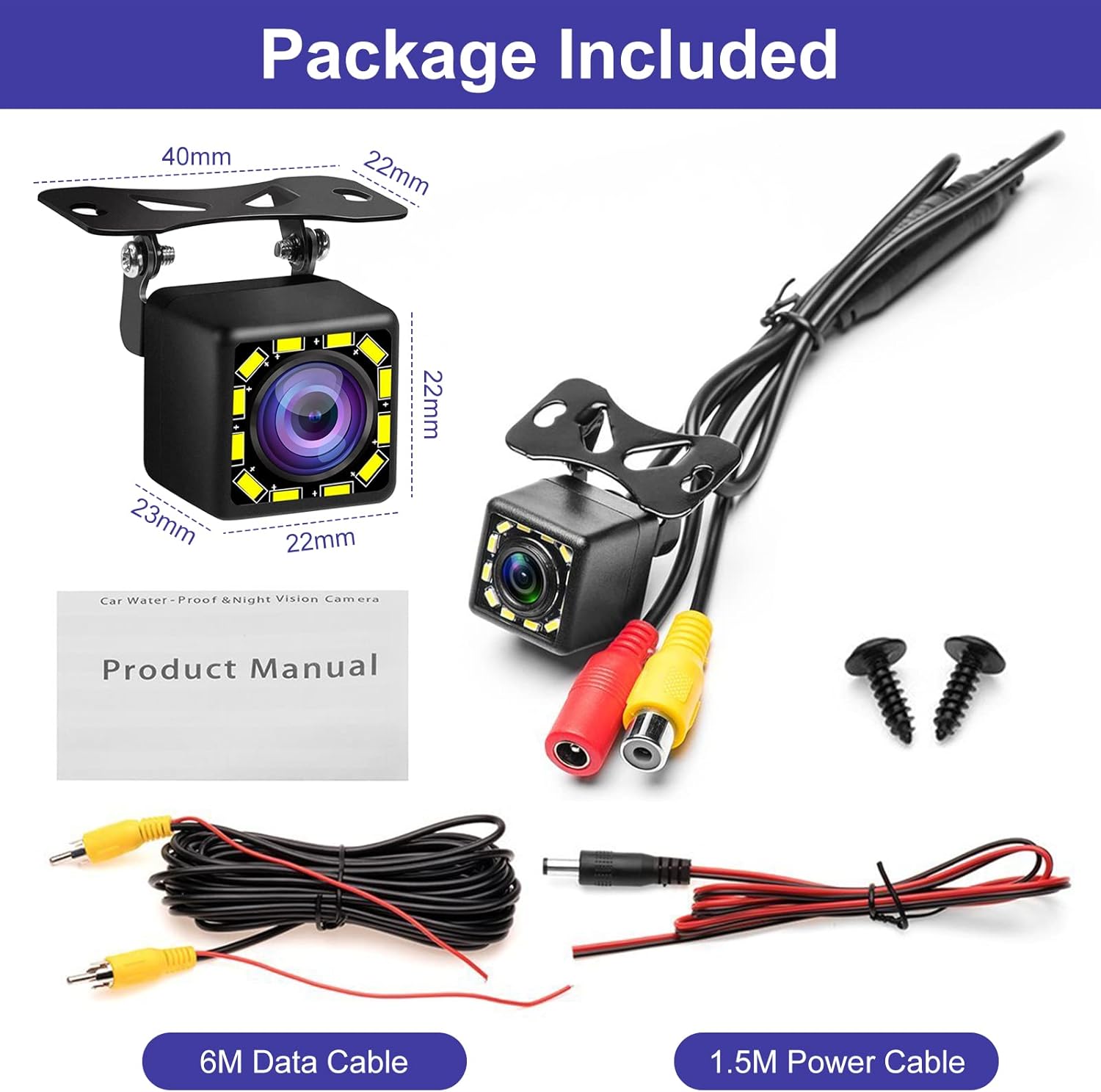Contents of the LORPHEIR Car Backup Camera package, including camera, cables, and manual