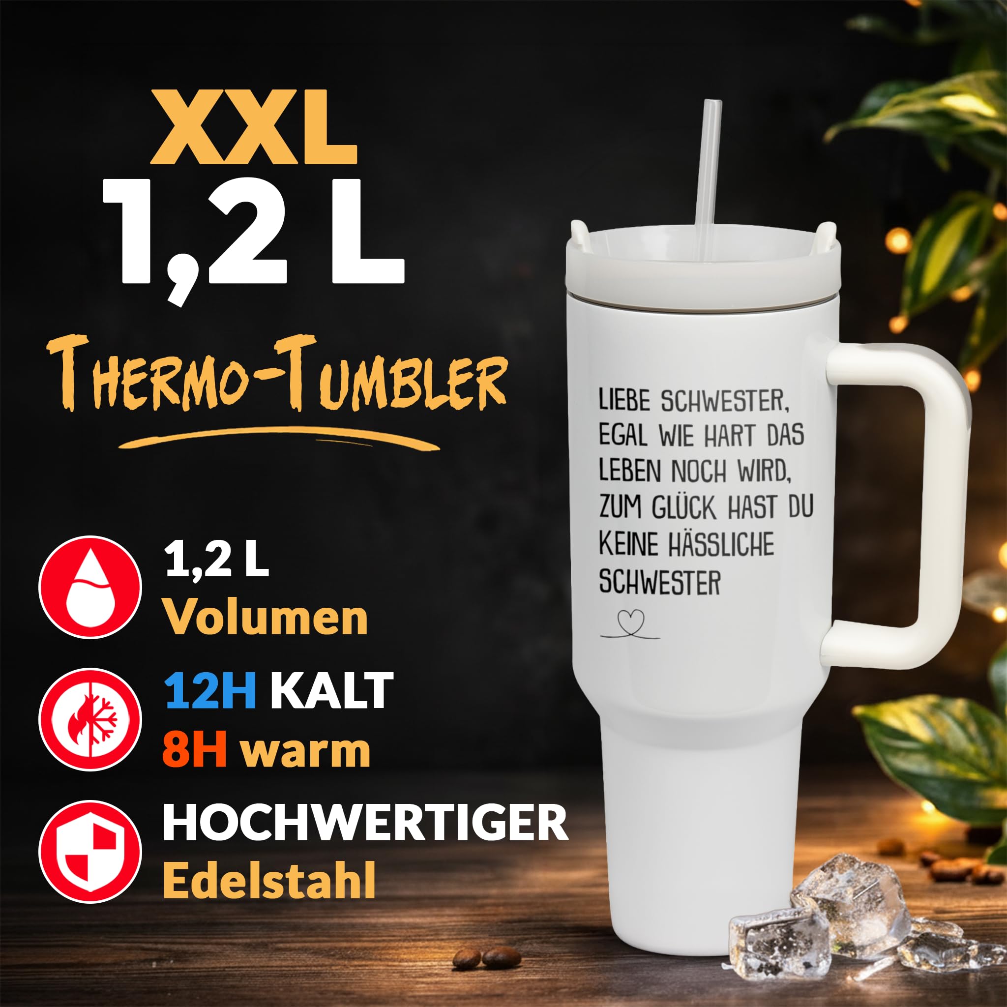 XXL Thermobecher für die Schwester – Lustiges Geschenk zum Geburtstag & Weihnachten – Edelstahl Trinkflasche, Weiß mit Spruch Keine hässliche Schwester (WIEDERVERWENDBAR)