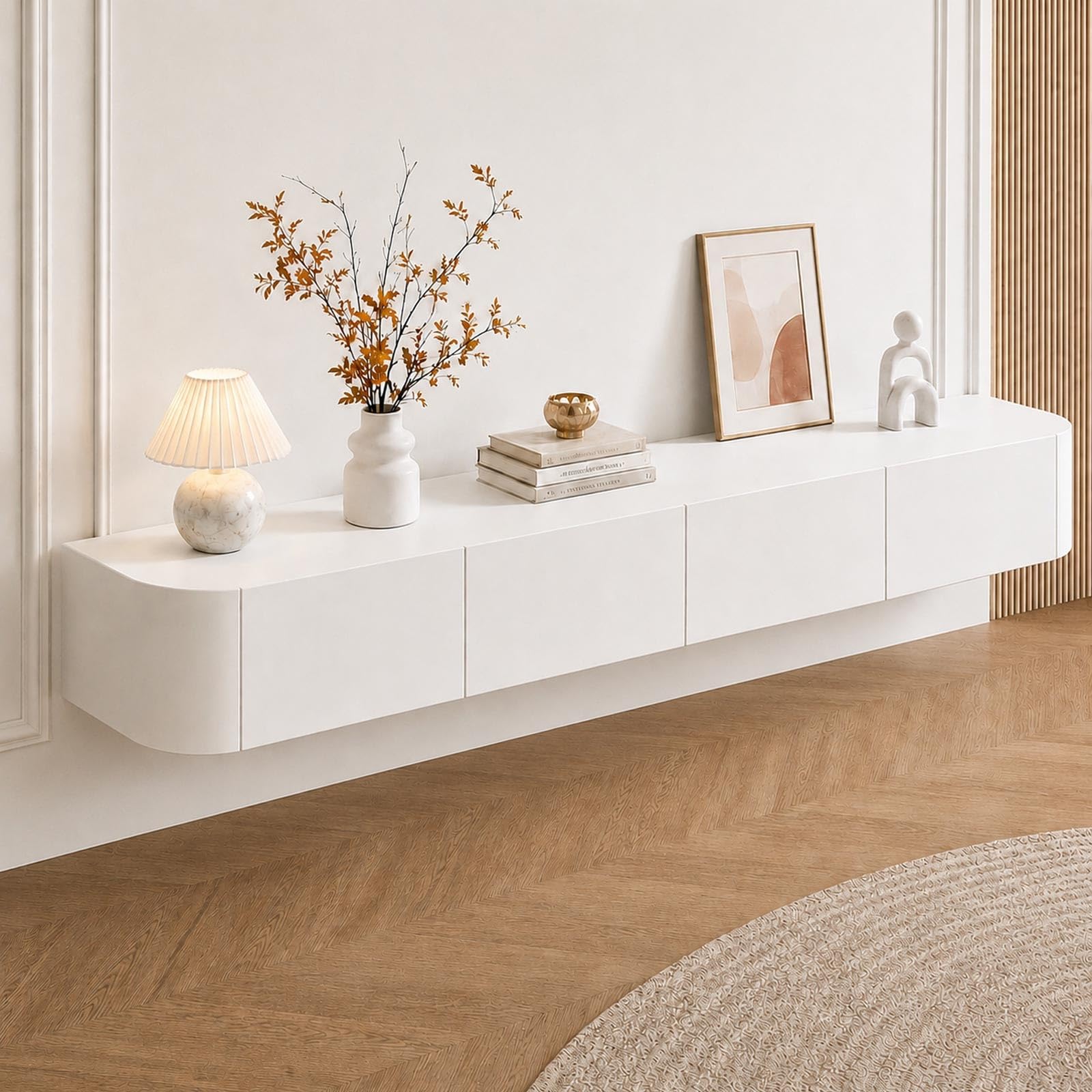 Meuble TV flottant design aux bords arrondis, finition blanche 1m60