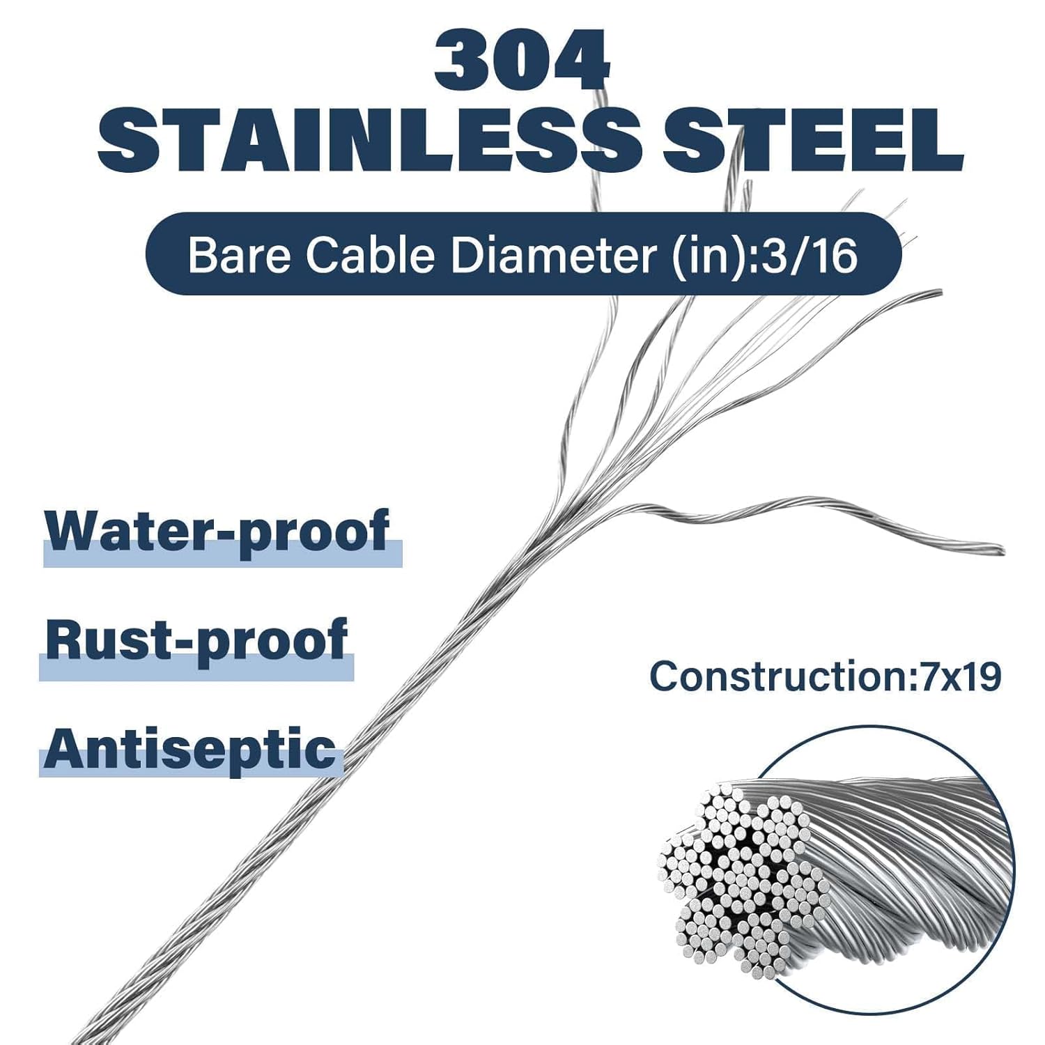 3/16 Wire Rope, 100ft Stainless Steel Cable with Wire Rope Clamps & Thimble, 3700lbs Breaking Strength, 7X19 Strands Aircraft Cable for Zipline, Deck Railing, Clothesline