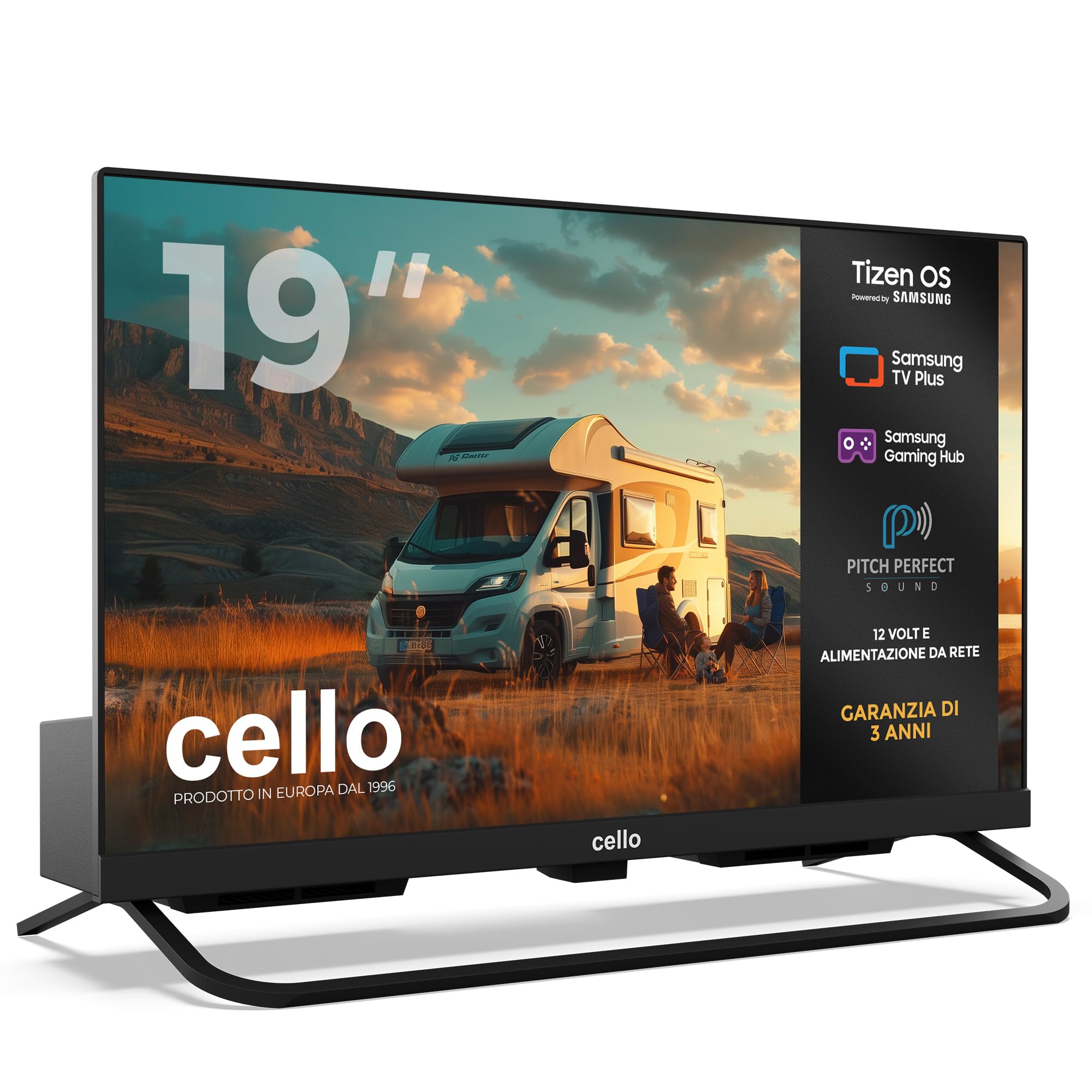 Cello CTRAV-19TZ Smart TV 19" 12V per camper e campeggio, Tizen OS di Samsung, Gaming Hub, altoparlanti Pitch Perfect, Bluetooth, triplo sintonizzatore
