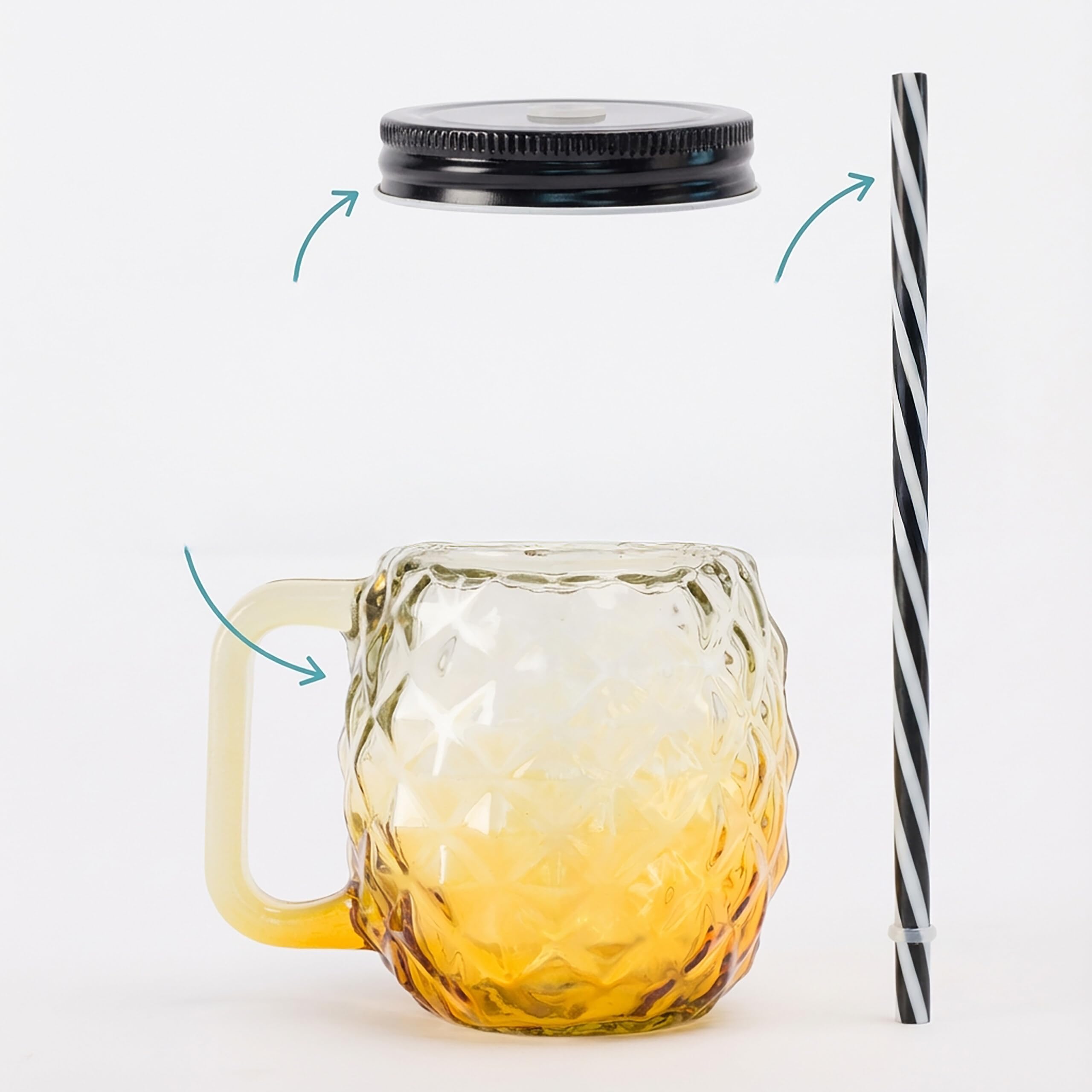 Relaxdays Bicchieri in Vetro con Coperchio, Cannuccia, Manico, Design Ananas, Chiusura a Vite, Set 4x500ml, Multicolore