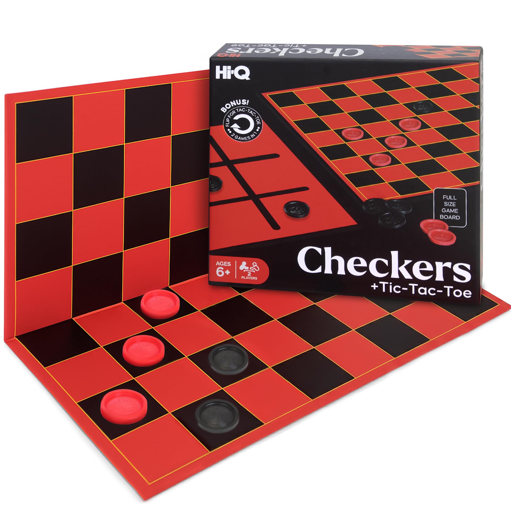 HI-Q Checkers & Tic-Tac-Toe Board Game Set – Classic Strategy for Kids & Family – Features Interlocking Stacking Pieces & Folding Board – Ages 6+