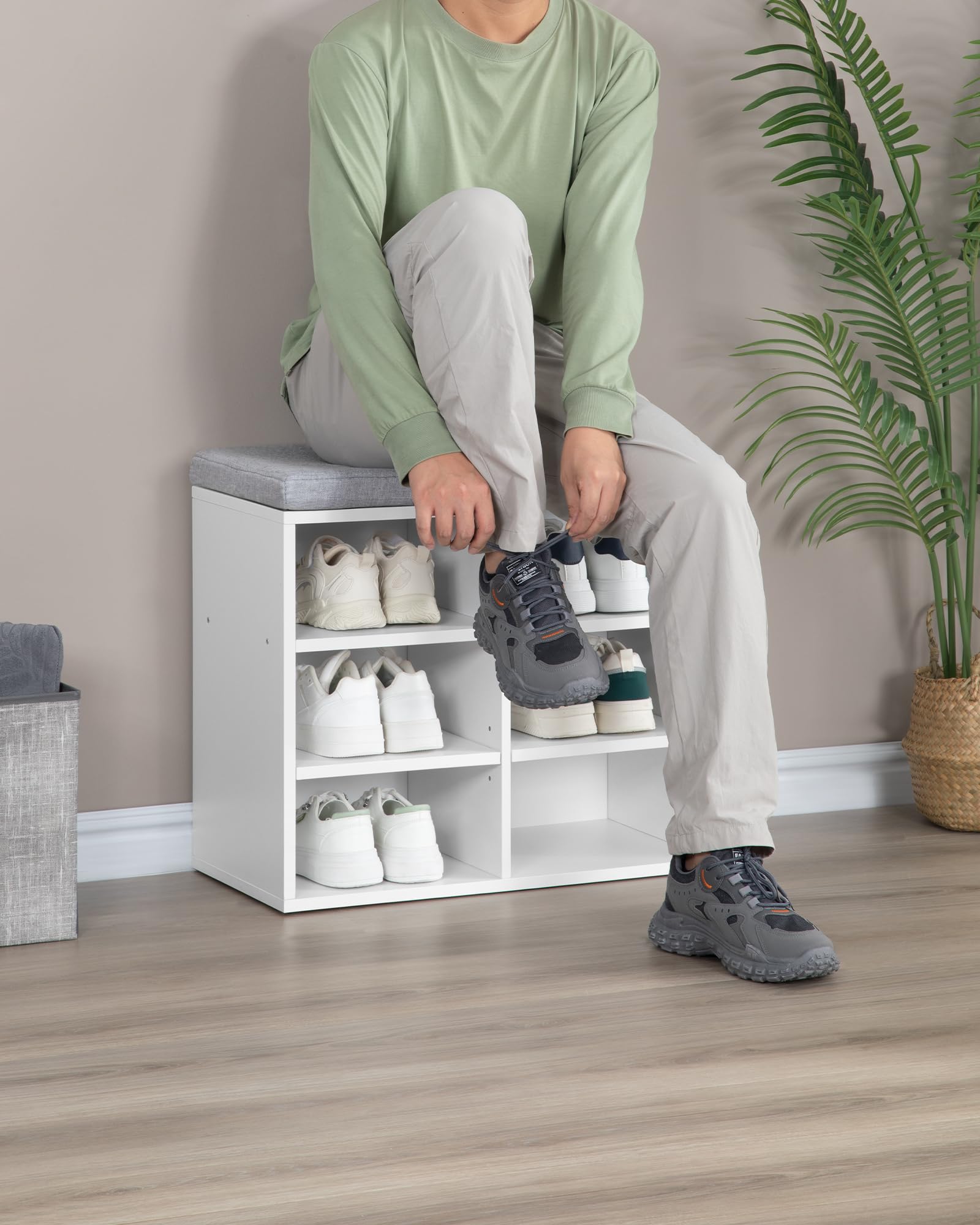 Hzuaneri Schuhbank mit Sitzfläche, weiß-grau, 6 Fächer, 30x60x52,7cm | Schuhregal, Sitzbank mit Stauraum, Kissen, verstellbare Ablagen, für Wohnzimmer, Flur, Schlafzimmer, SB09903X