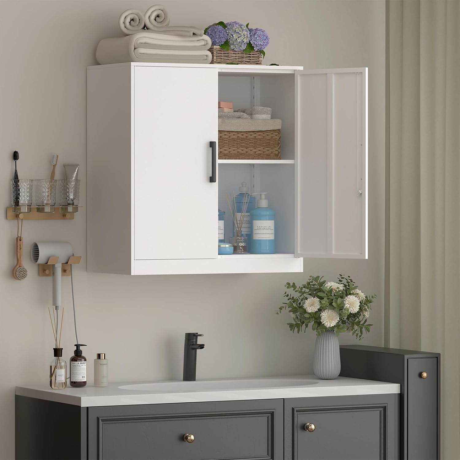 IRONFFICE Wall Cabinet,28" H Metal Storage Cabinet with Adjustable Shelf,Metal Cabinets Wall Mounted with Doors for Home Office,Kitchen,School,White