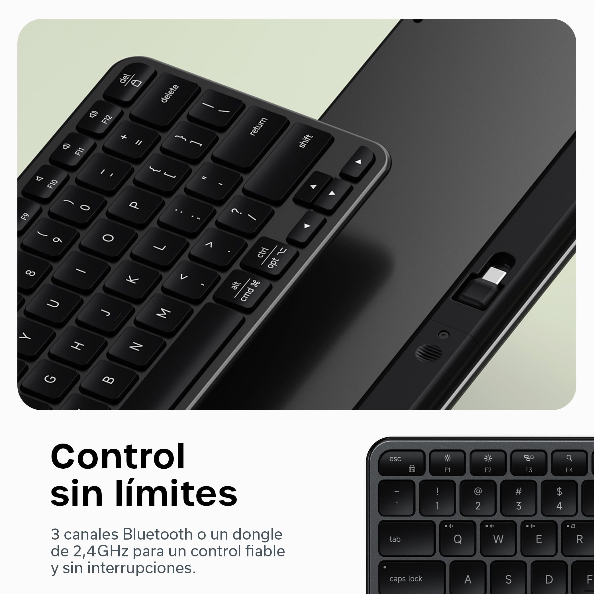 SATECHI Teclado Inalámbrico Slim EX1, Distribución 𝗤𝗪𝗘𝗥𝗧𝗬 𝗨𝗦, Bluetooth Multi-Dispositivo 4 en 1, Conexión 2,4 GHz, Recargable USB-C para Mac, Windows y Android – Negro Espacial