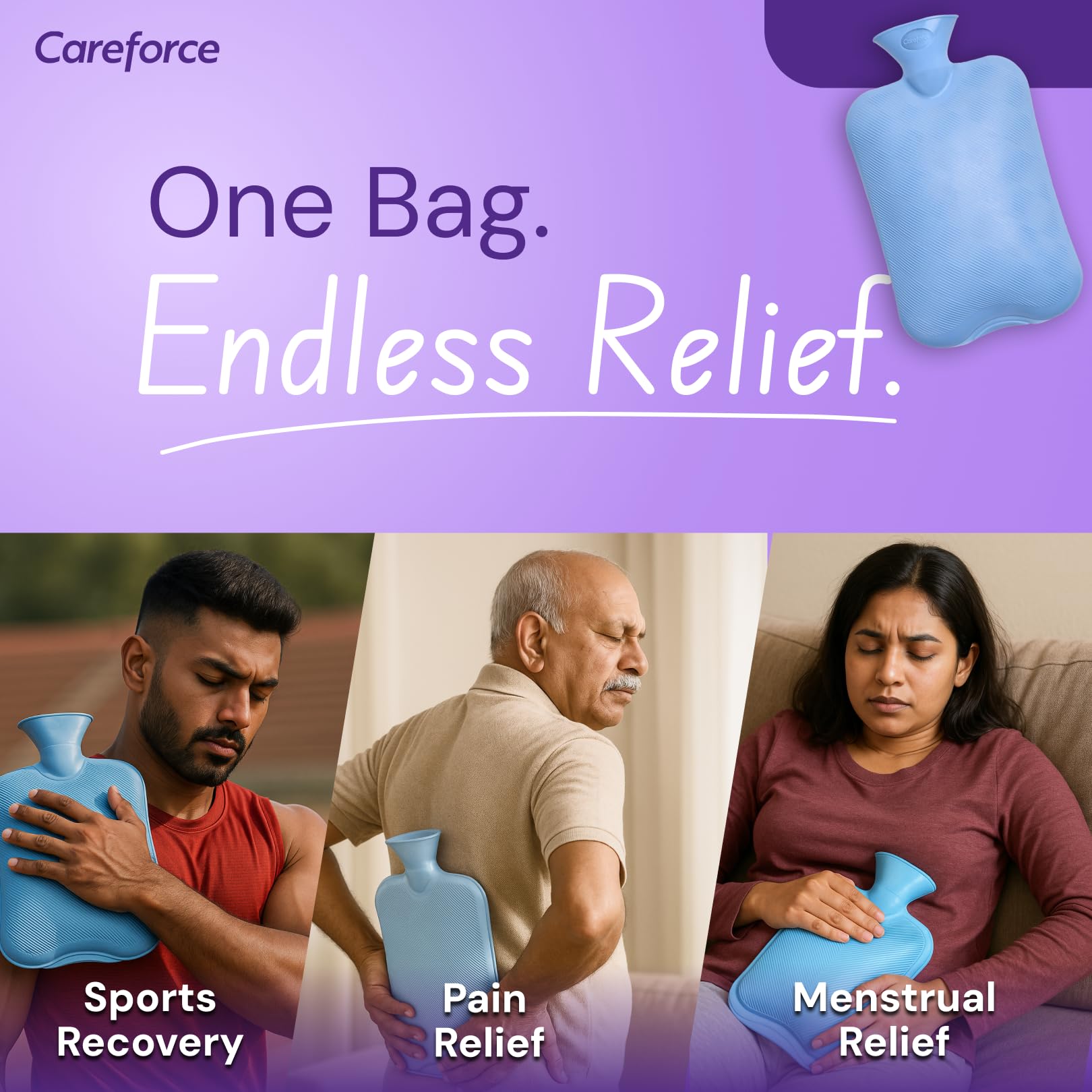 Careforce Hot Water Bag for Pain Relief (2 ltr) hotpack Heating Pad for Periods Cramps, Muscle Aches Heat Pack for Back, Neck, Shoulder and Body Relief Rubber hotbag - PVC Blue - Pack of 1