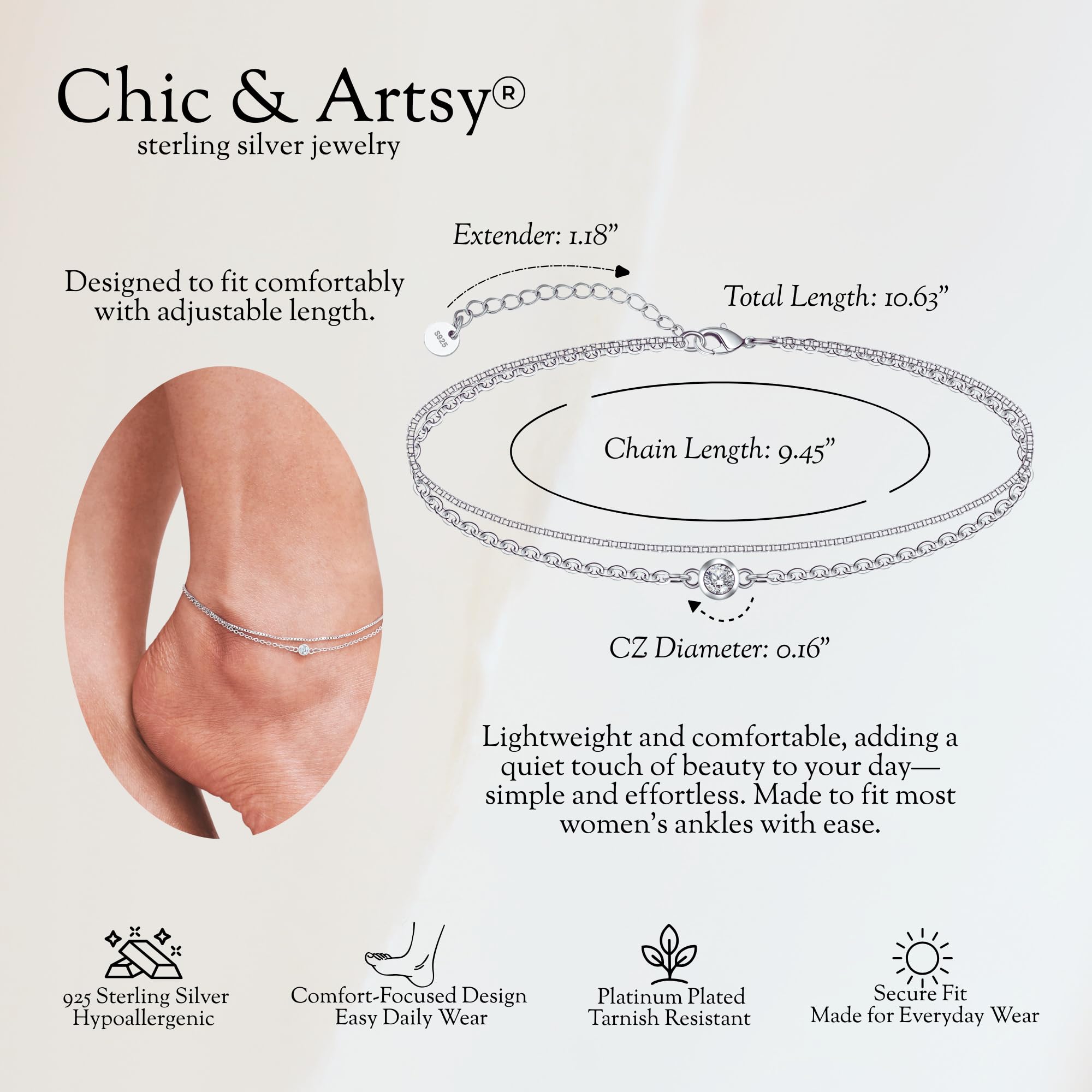 CHIC & ARTSY Damen Fußkettchen Armband 925 Sterling Silber Kette Strand Sandale Barfuß verstellbares Geschenkbox