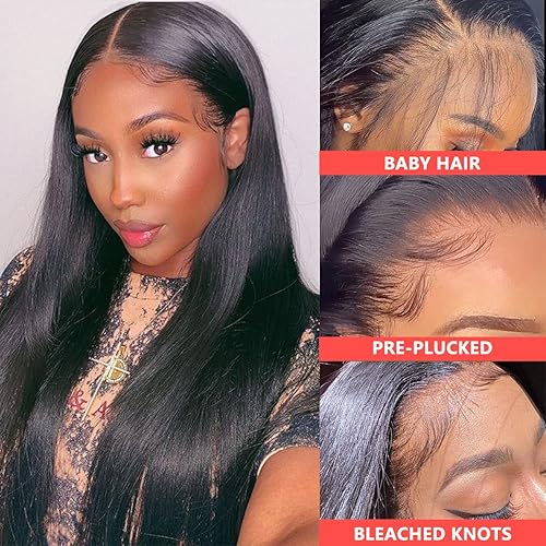 Miniatura 3 de Pelucas de cabello humano lacio de 30 pulgadas con encaje frontal de 13 x 4 pulgadas, prearrancadas sin pegamento, pelucas de encaje frontal