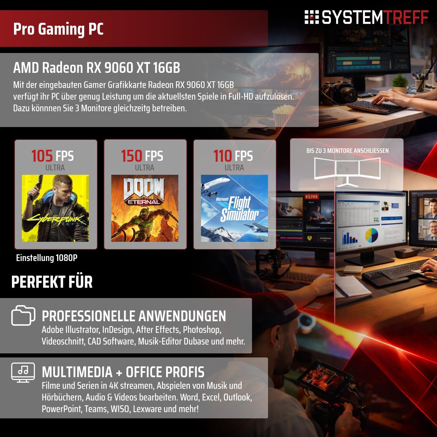 SYSTEMTREFF Office PC - Intel Core i5-12600K - RX 9060 XT 16GB | Intel 6-Kern CPU bis 4.9 GHz, 32GB DDR4, 1TB M.2 NVMe SSD, AMD Grafik WLAN, Windows 11, für Büro, Business