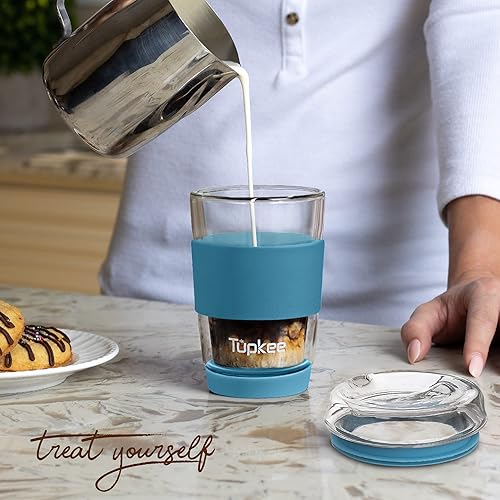 Miniatura 3 de Tupkee Vaso de vidrio de doble pared, 8 onzas, soplado a mano, reutilizable, aislado, taza y tapa, taza de viaje, Niágara
