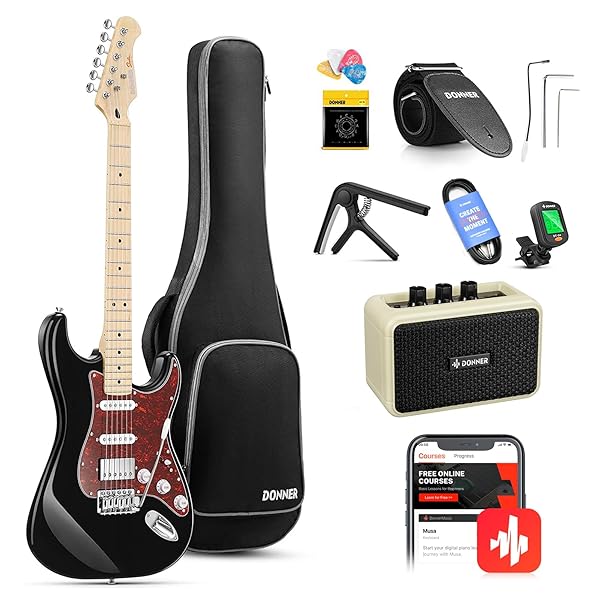 Donner, DST-152B 39" Electric Guitar Kit HSS Pickup Coil Split with Amp, Bag, Accessories, Black Solid Body Guitarra Electrica