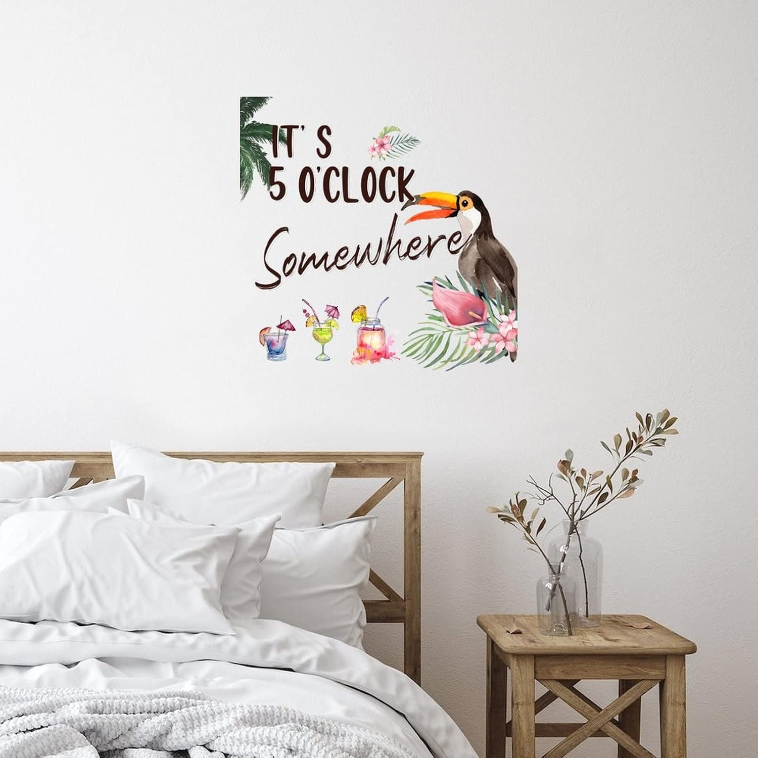 It's Five O'clock Somewhere Nursery Home Decorations Wall Art Murals Macaw Summer Hawaiian Toucan Reusable Home Decals for Cafe Hotel Floor Window Bathroom Mirrors Vinyl 28in