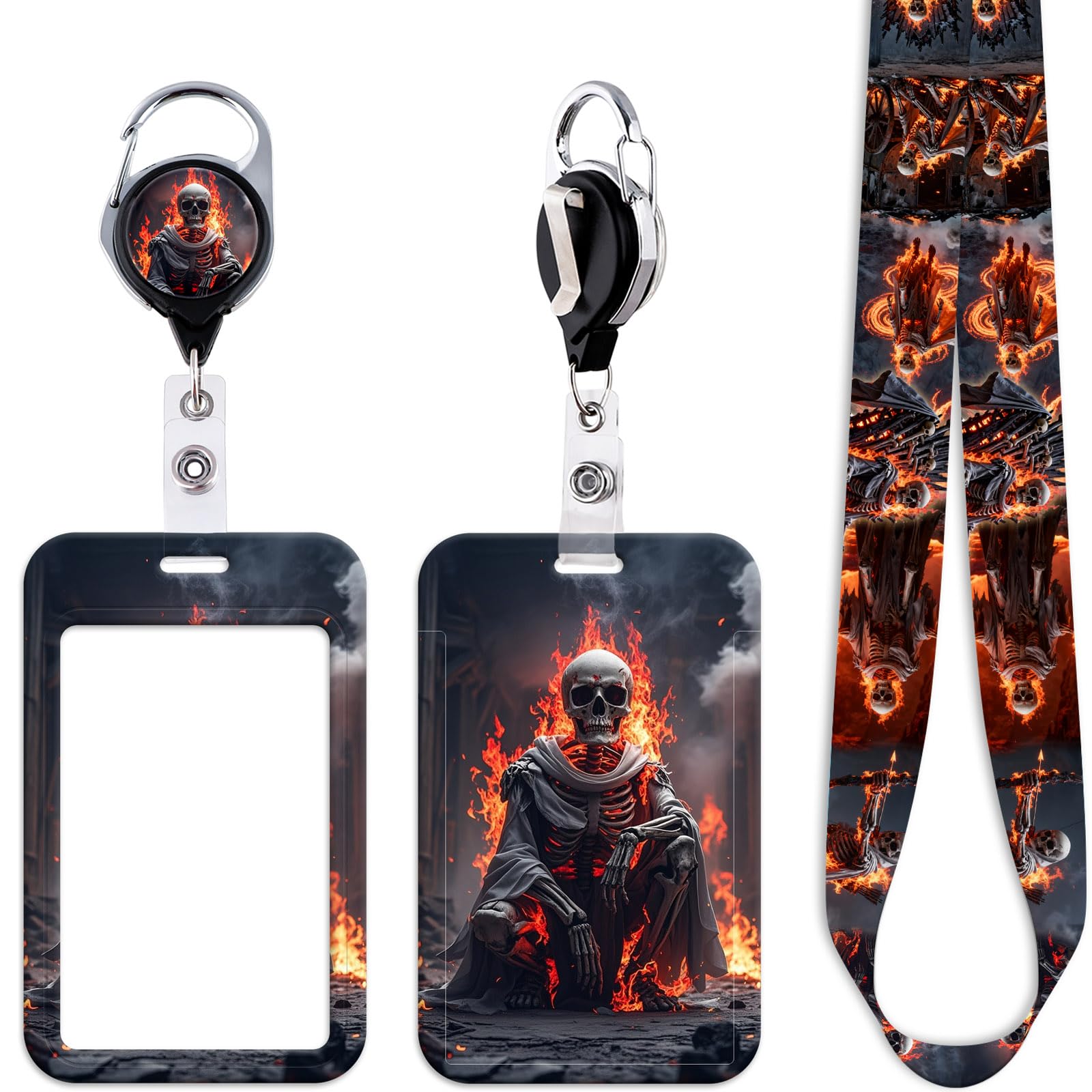 Cool Skull Badge Reel with Green ID Card Holder Lanyard Skeleton Soldier Heavy Duty Retractable ID Badge Holder Reel Clip Keychain Lanyard ID Holder for Keys Name Tag, for Nurses Staff & School ID — image 1
