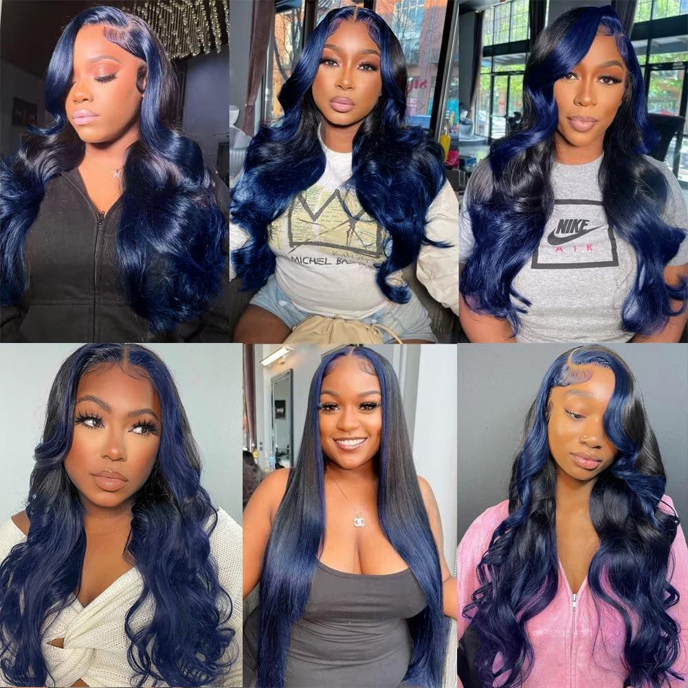 YMS Royal Blue HD Lace Front Wigs Human Hair Pre-Plucked Natural Hairline Ombre Blue Human Hair Wig for Women 180% Density Real Hair Lace Frontal Wig 28 Inch Body Wave Skunk Stripe Glueless Wigs