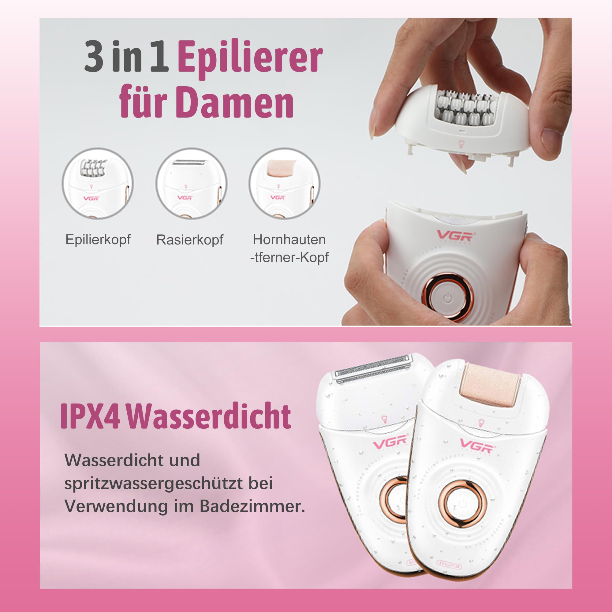 VGR 739 Kabelloser 3-in-1 Epilierer Damen Mit IPX4-Wasserbeständigkeit