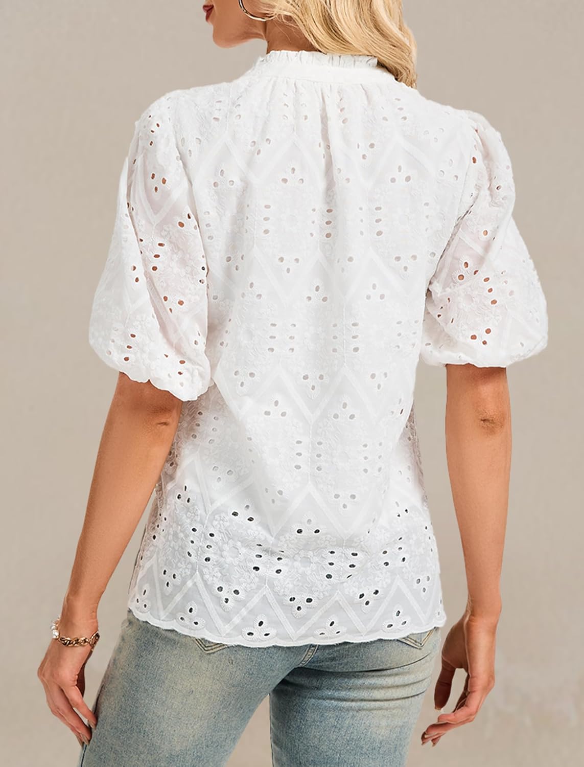 Women's V Neck Blouses Dressy Casual Puff Short Sleeve Shirts Hollow Summer Tops Business Women S-XXL - Image 3