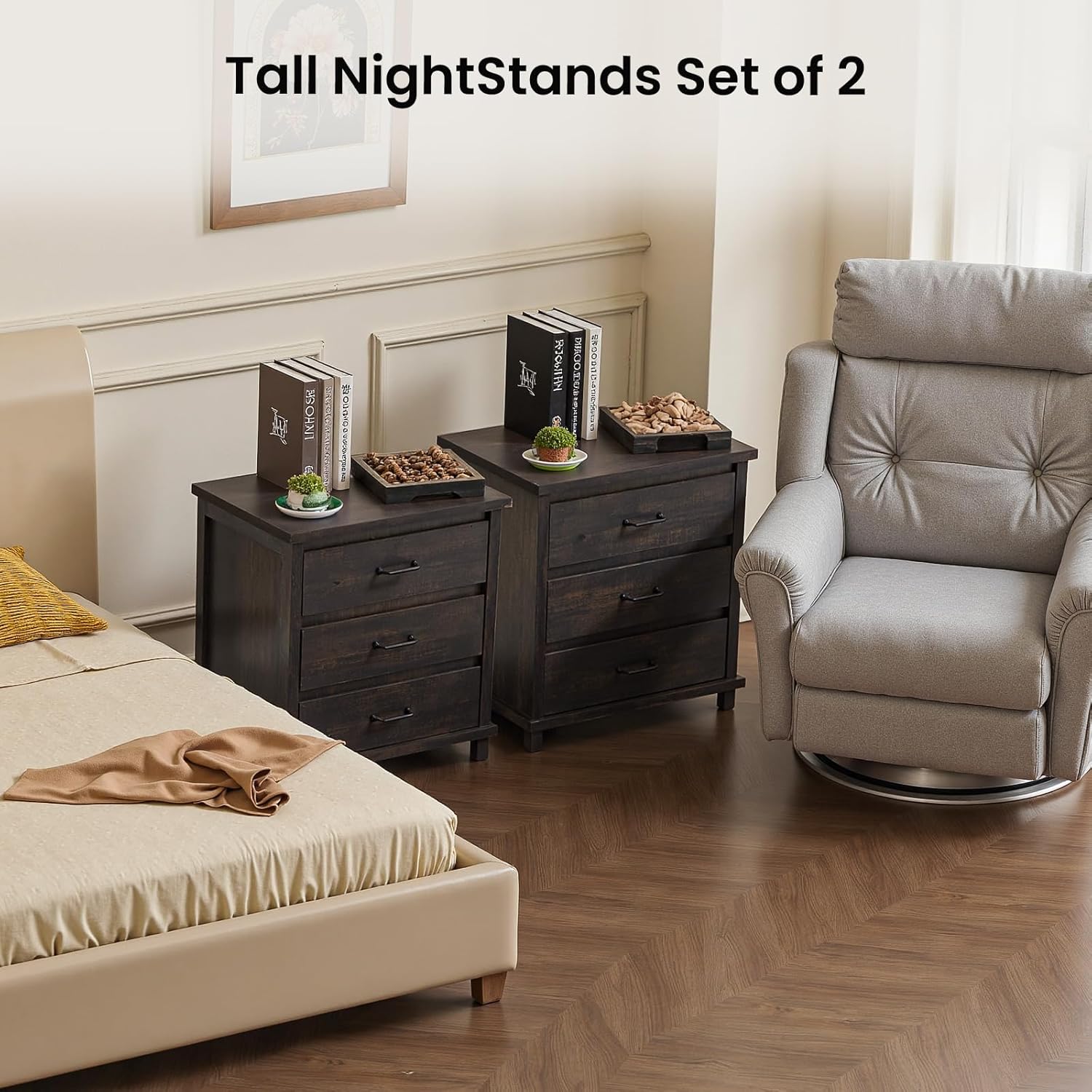 Black Nightstand Set of 2, High Dresser for Bedroom with 3 Drawers, Bedside Table Night Stand End Table with Natural Unique Wood Grains for Bedroom, Closet, Entryway, Small Space