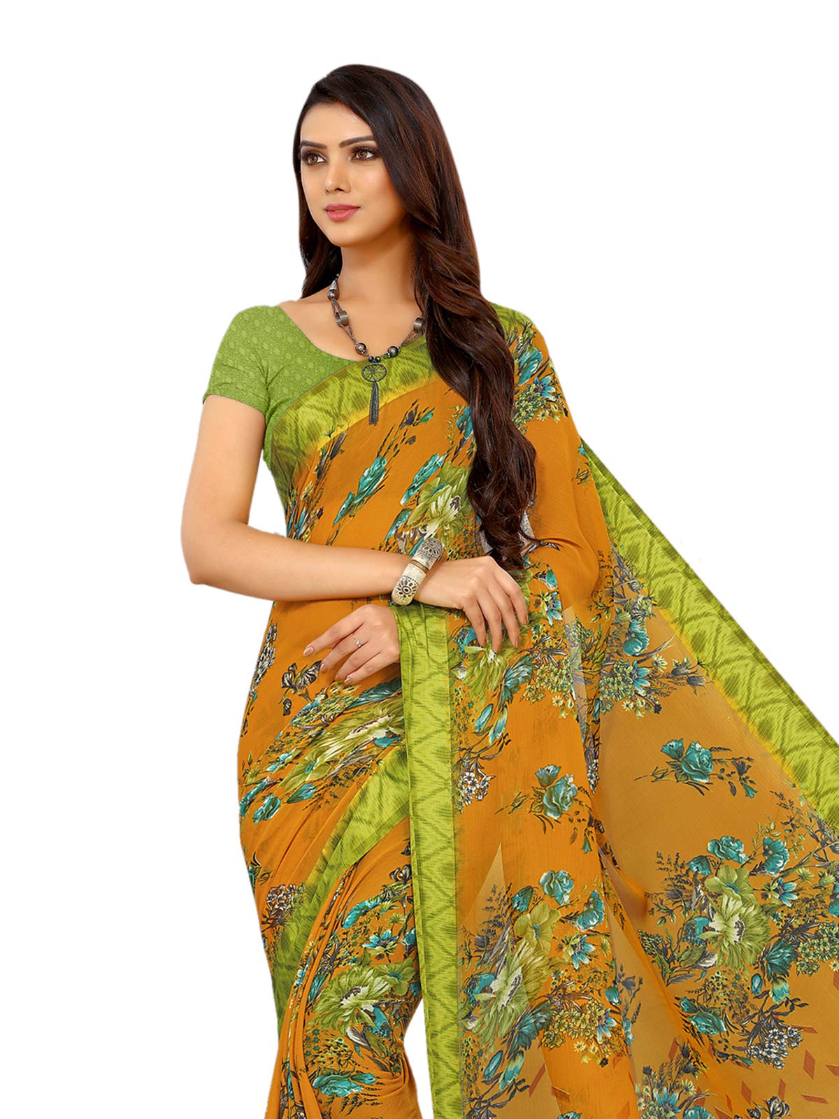 Satrani Chiffon With Blouse Piece Saree (1026St406_Yellow_One Size)