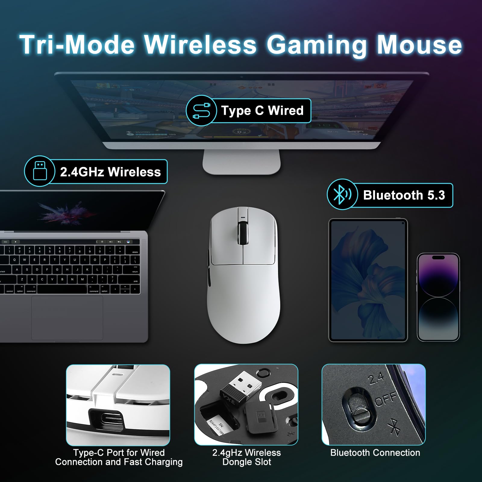 R1 SE+ Mouse da gioco wireless, 18000 DPI, sensore PAW3395SE ad alta precisione, leggero 55 g, tre modalità di connessione, mouse ergonomico programmabile, adatto per laptop/PC/Mac (bianco)